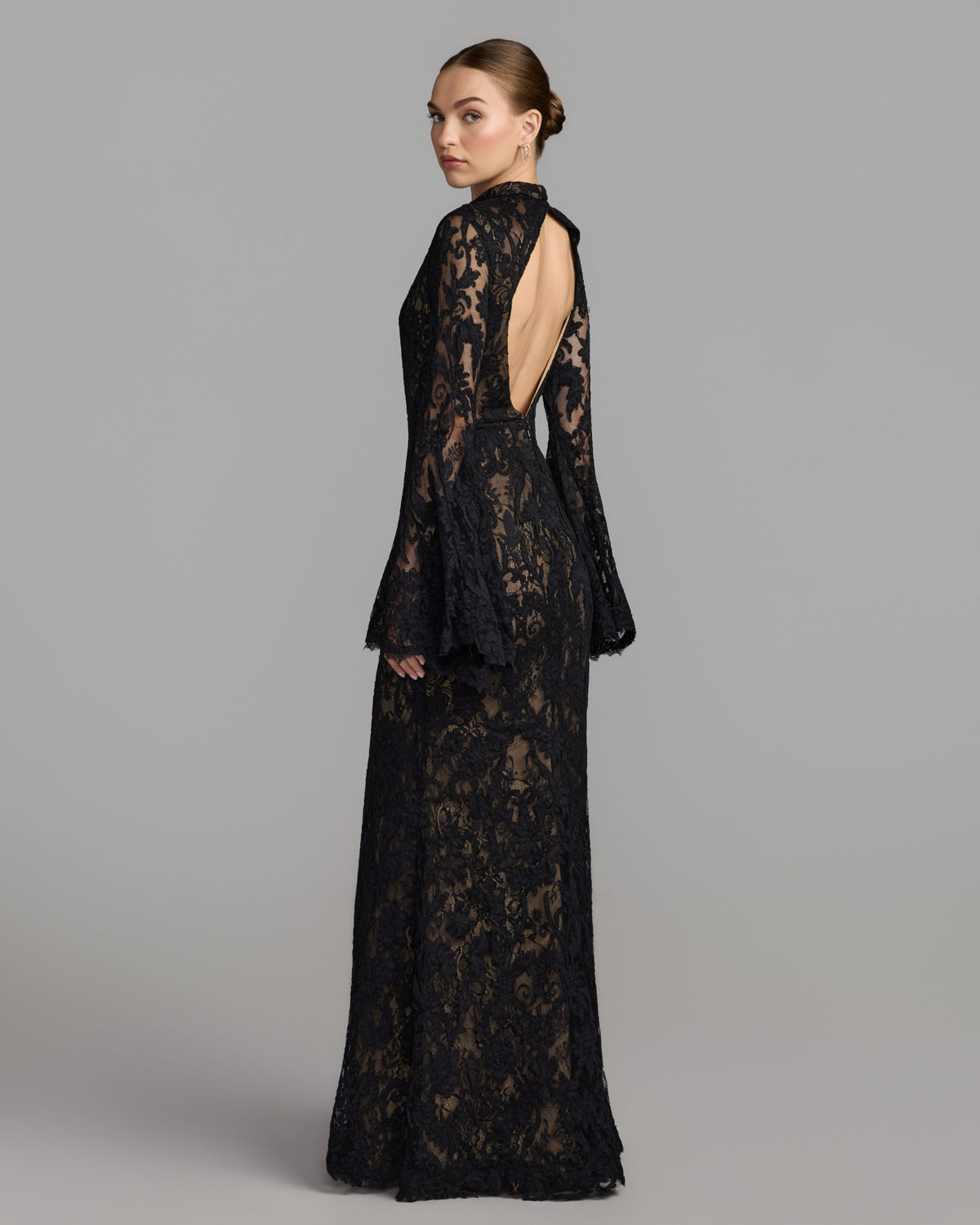 Black Nude Mock Neck Long Sleeve Lace Gown - Ieena for Mac Duggal