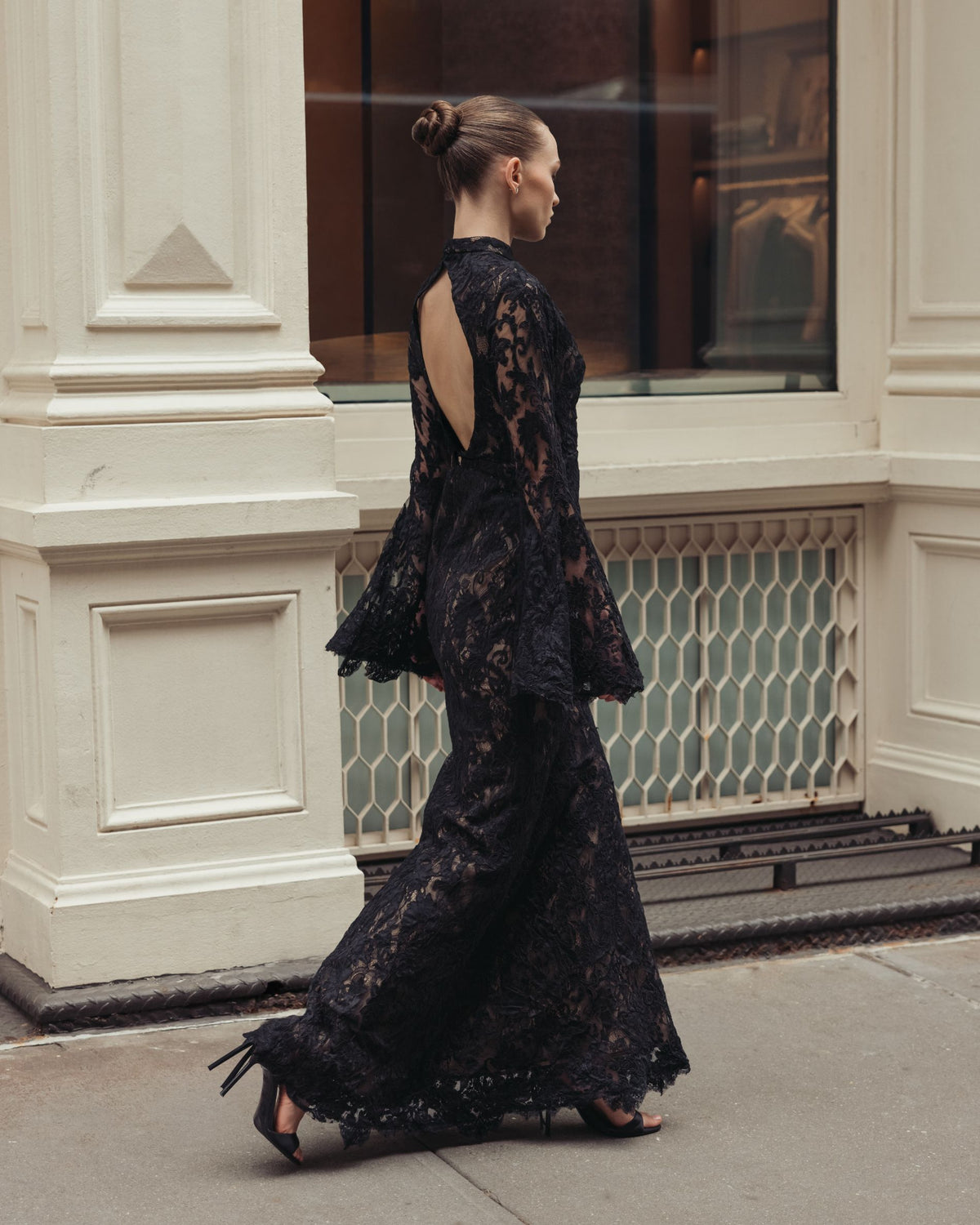 Black Nude Mock Neck Long Sleeve Lace Gown - Ieena for Mac Duggal
