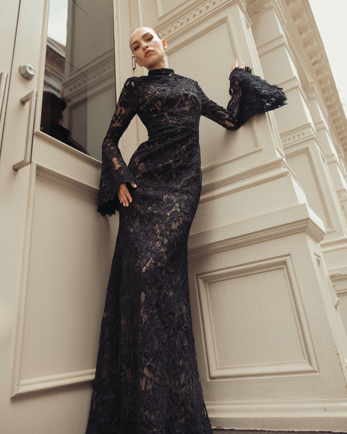 Black Nude Mock Neck Long Sleeve Lace Gown - Ieena for Mac Duggal