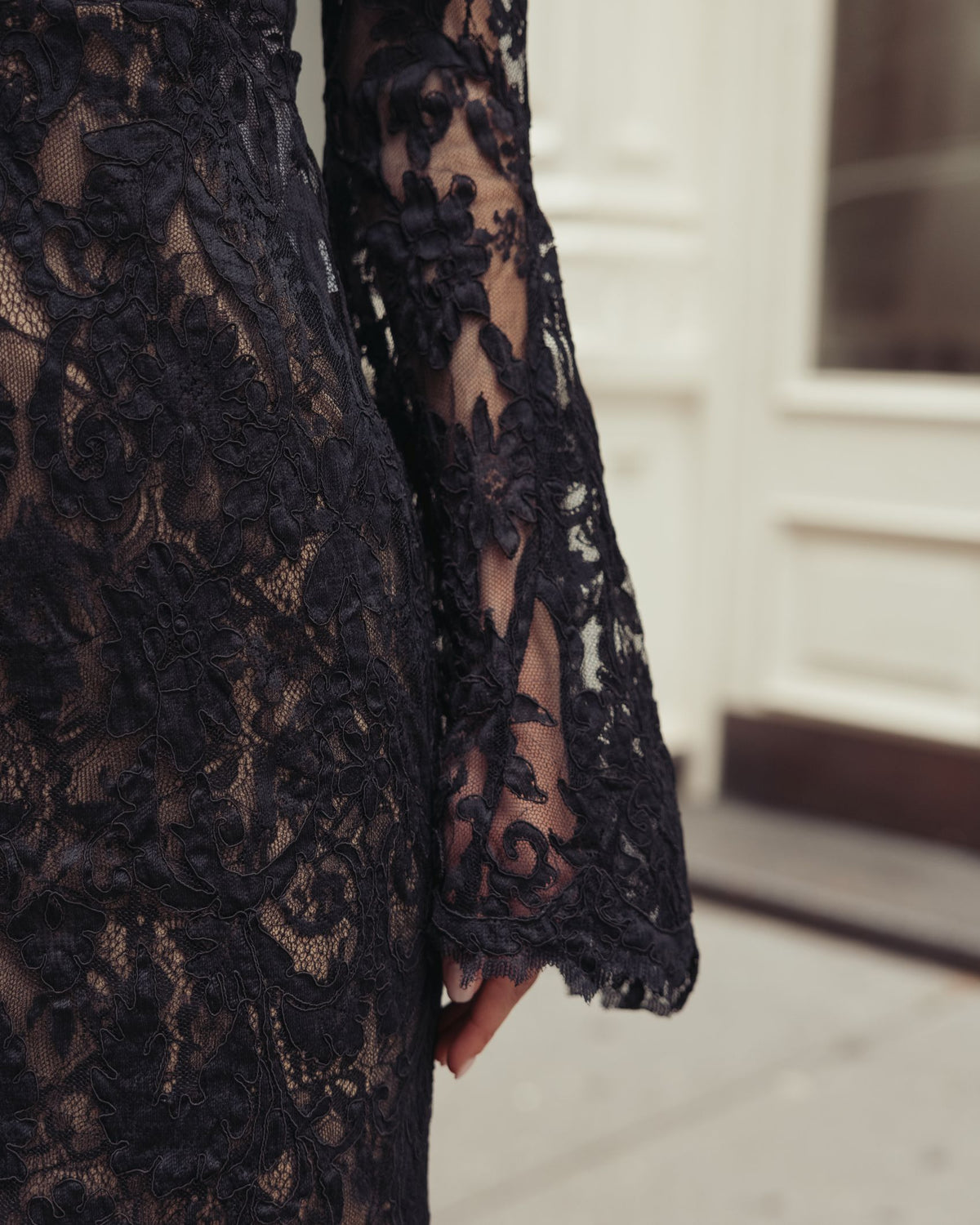 Black Nude Mock Neck Long Sleeve Lace Gown - Ieena for Mac Duggal