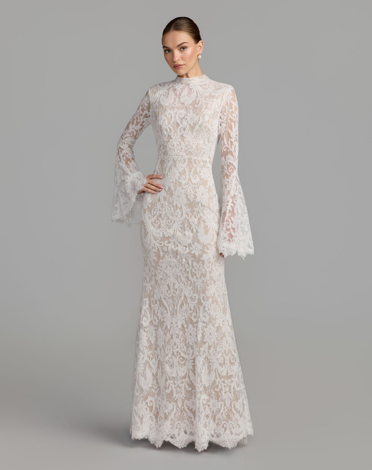 Ivory Nude Mock Neck Long Sleeve Lace Gown - Ieena for Mac Duggal