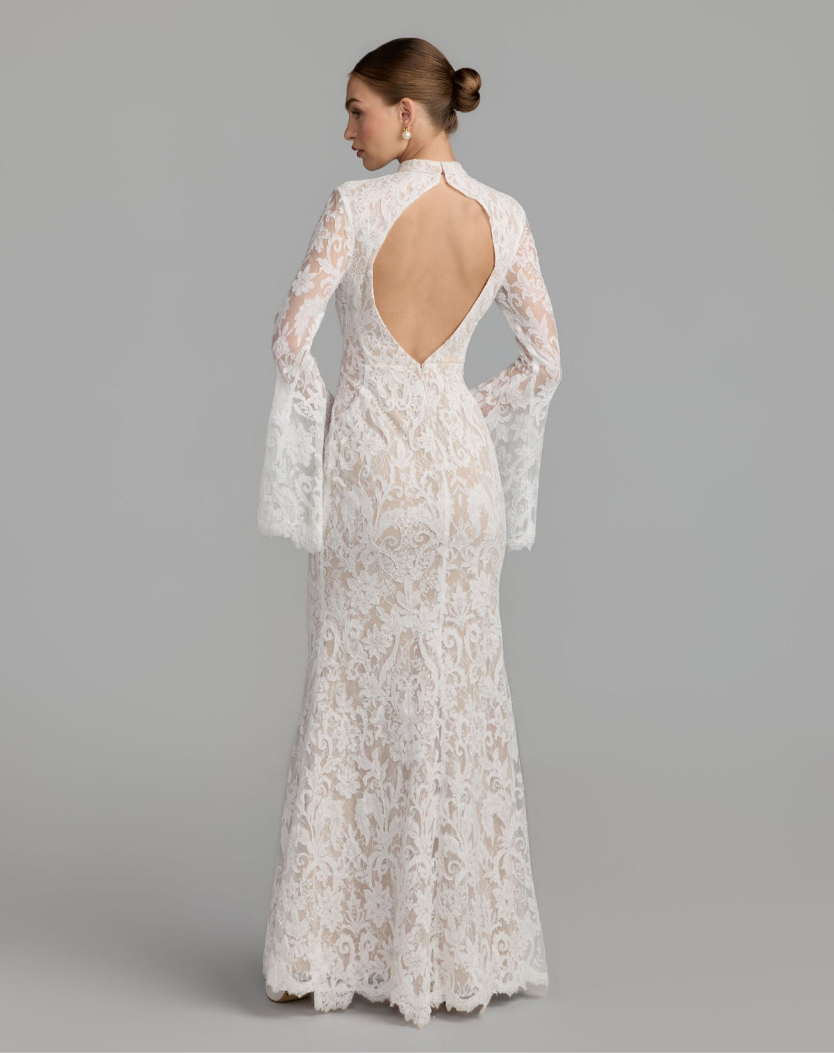 Ivory Nude Mock Neck Long Sleeve Lace Gown - Ieena for Mac Duggal
