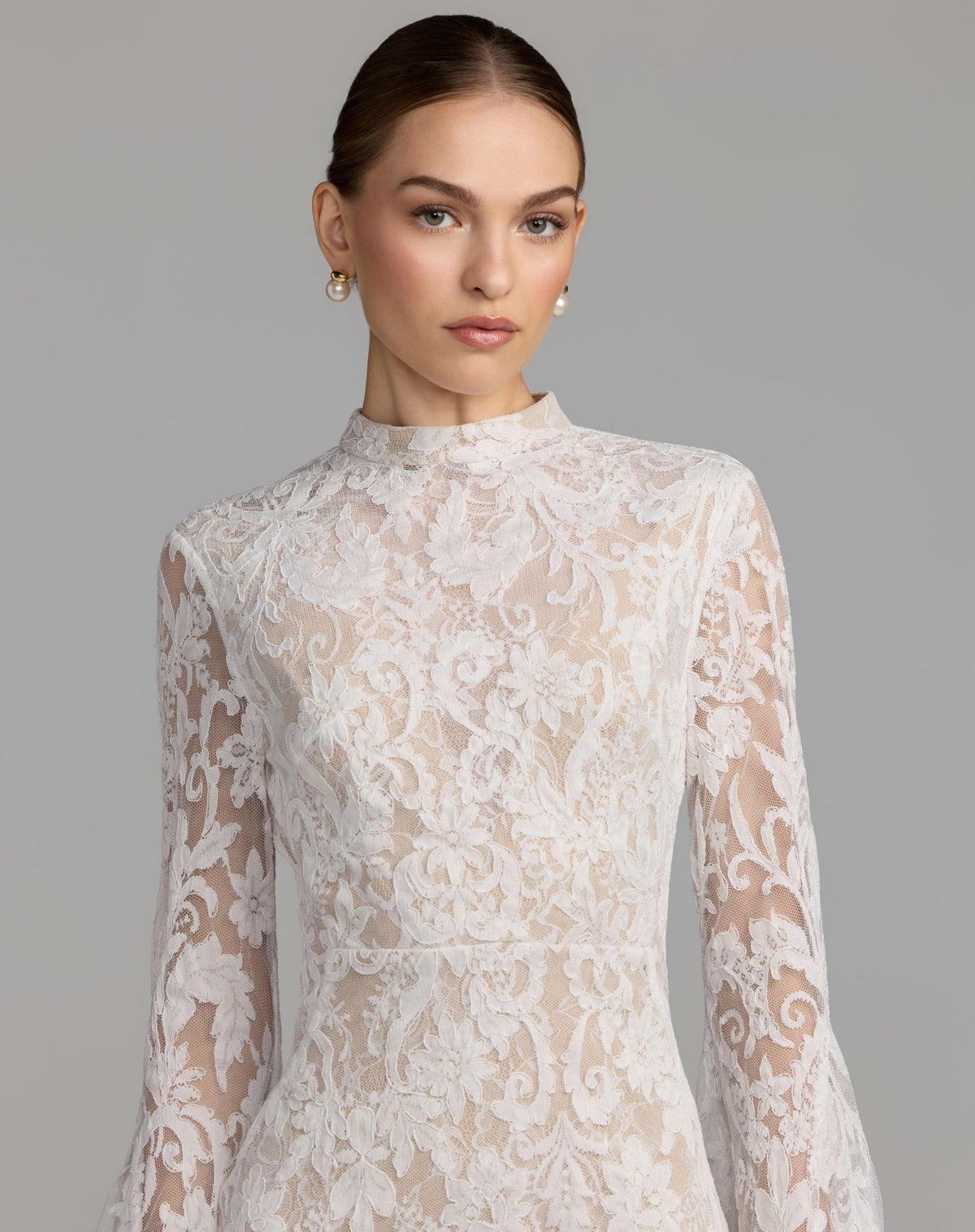 Ivory Nude Mock Neck Long Sleeve Lace Gown - Ieena for Mac Duggal
