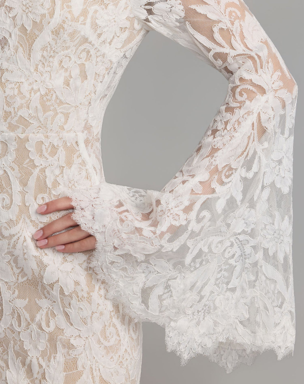 Ivory Nude Mock Neck Long Sleeve Lace Gown - Ieena for Mac Duggal