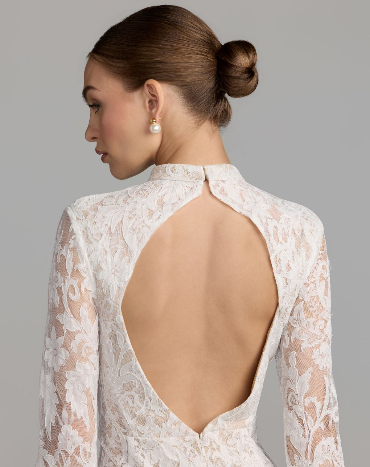 Ivory Nude Mock Neck Long Sleeve Lace Gown - Ieena for Mac Duggal