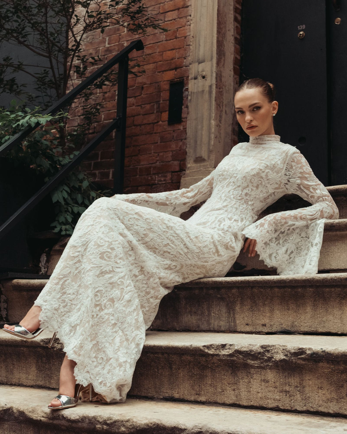 White Mock Neck Long Sleeve Lace Gown Ieena for Mac Duggal