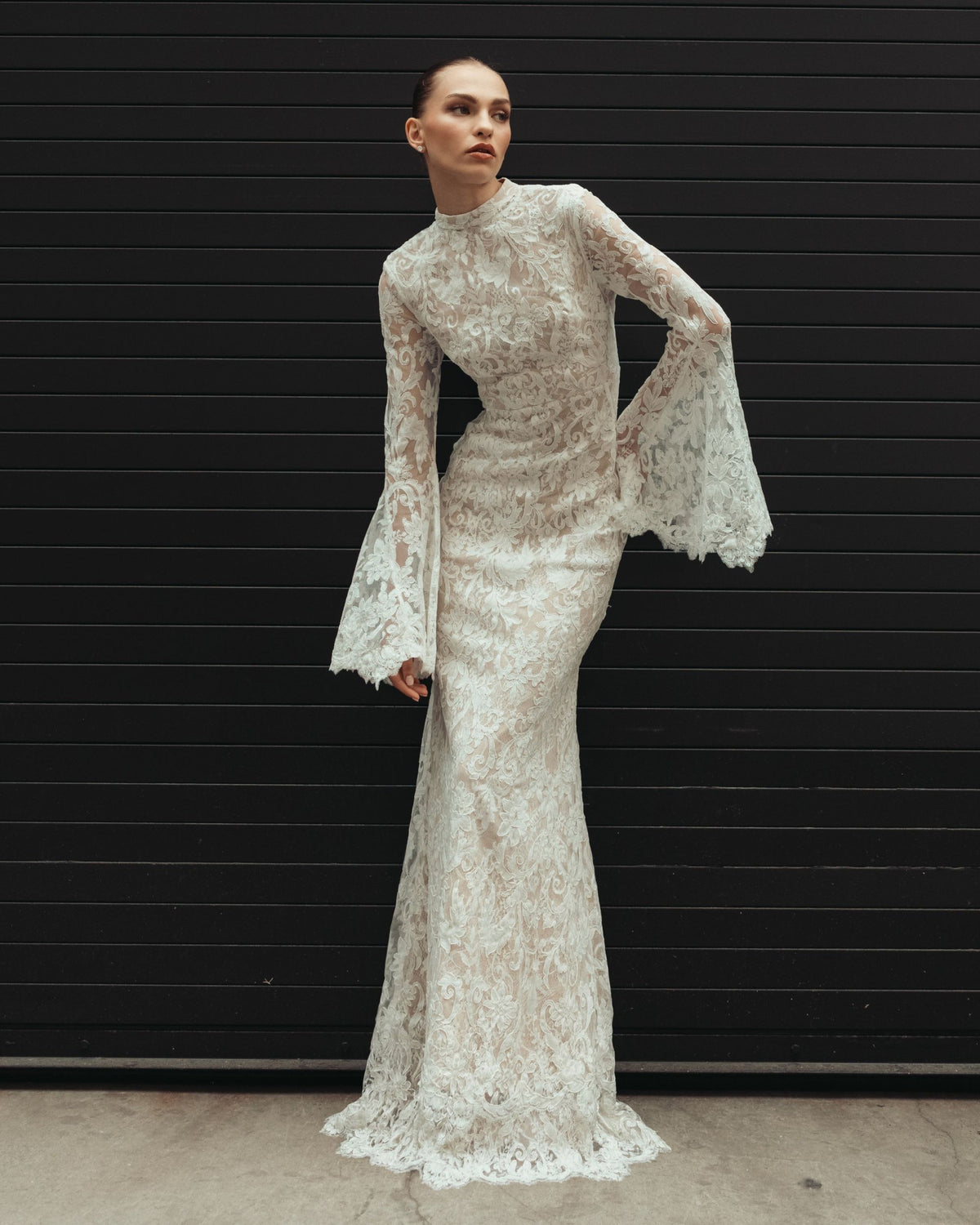 White Mock Neck Long Sleeve Lace Gown Ieena for Mac Duggal