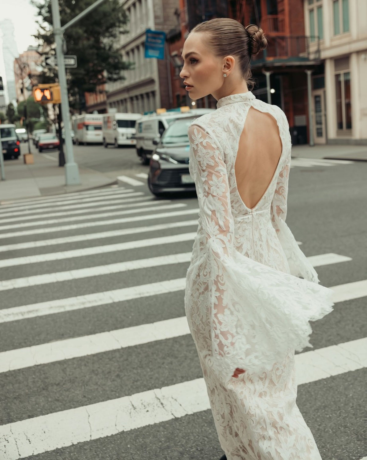 White Mock Neck Long Sleeve Lace Gown Ieena for Mac Duggal