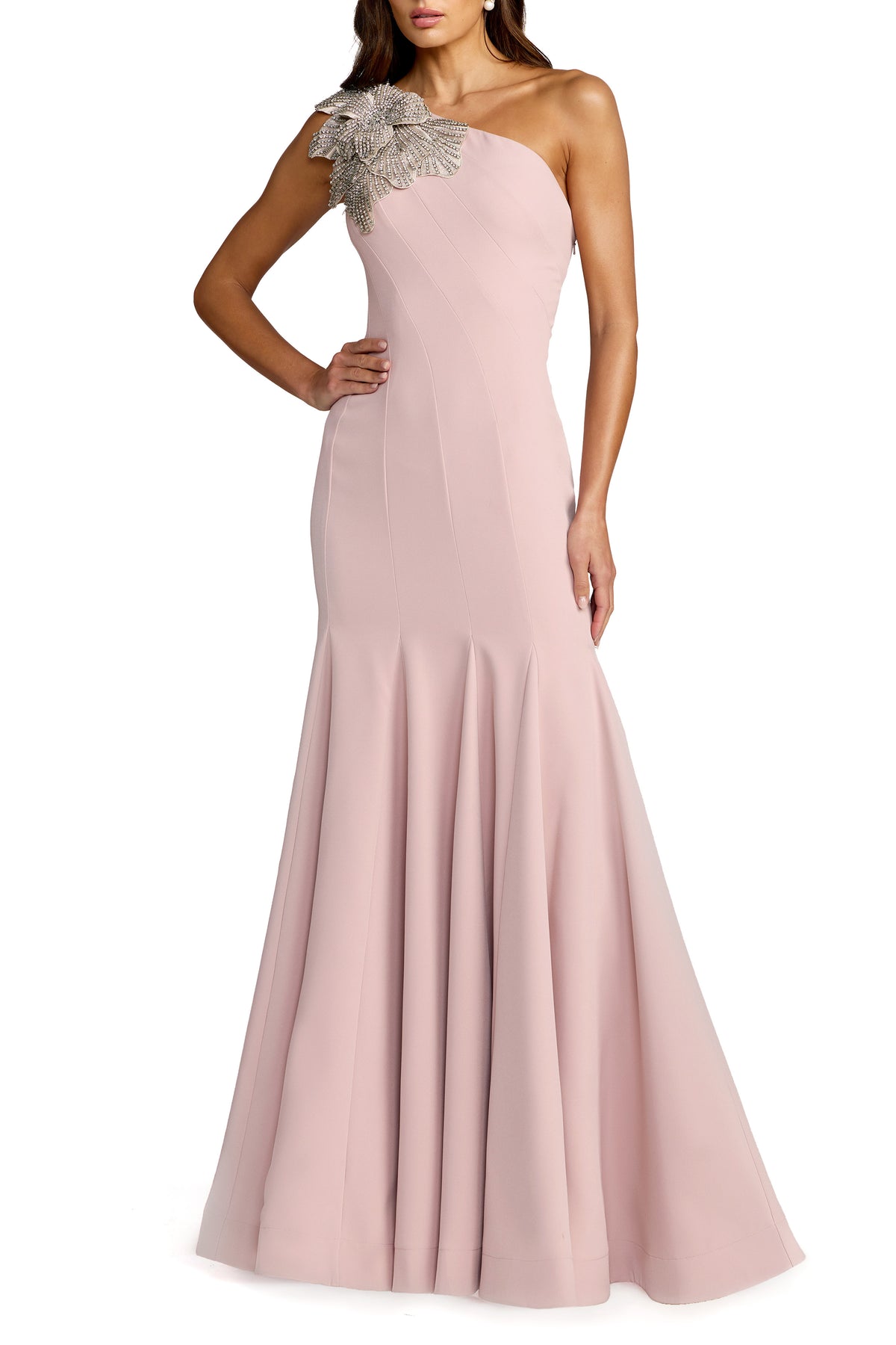 Petite Crepe One Shoulder Gown With Flower Detail - Rose,2P