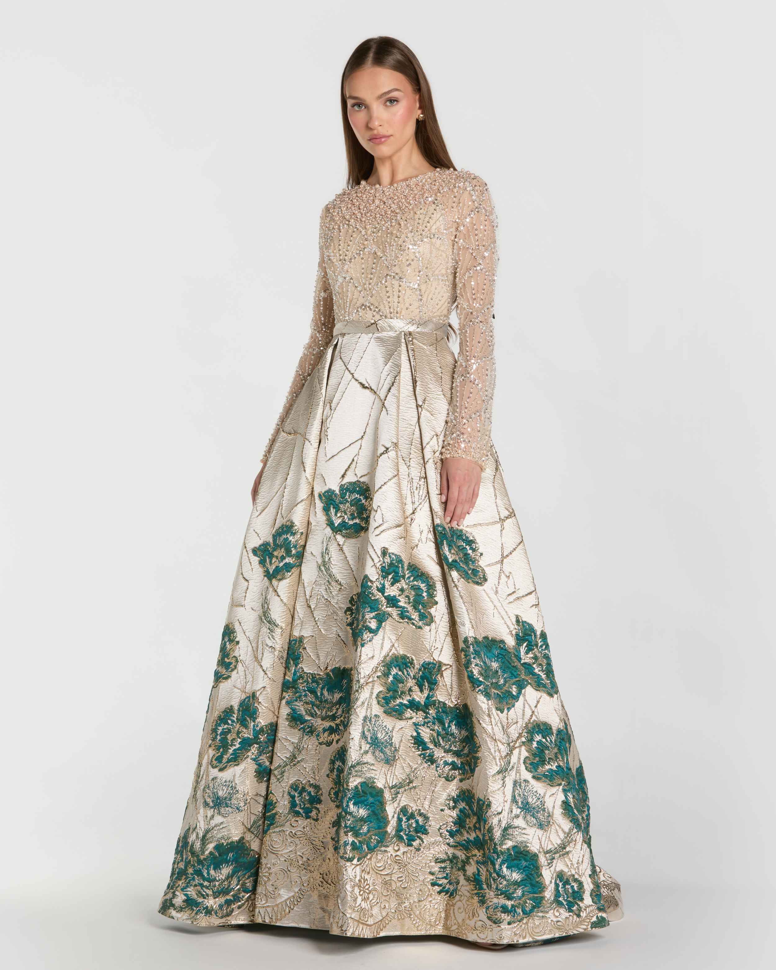 Gold Long Sleeve Embellished Floral Brocade Ball Gown