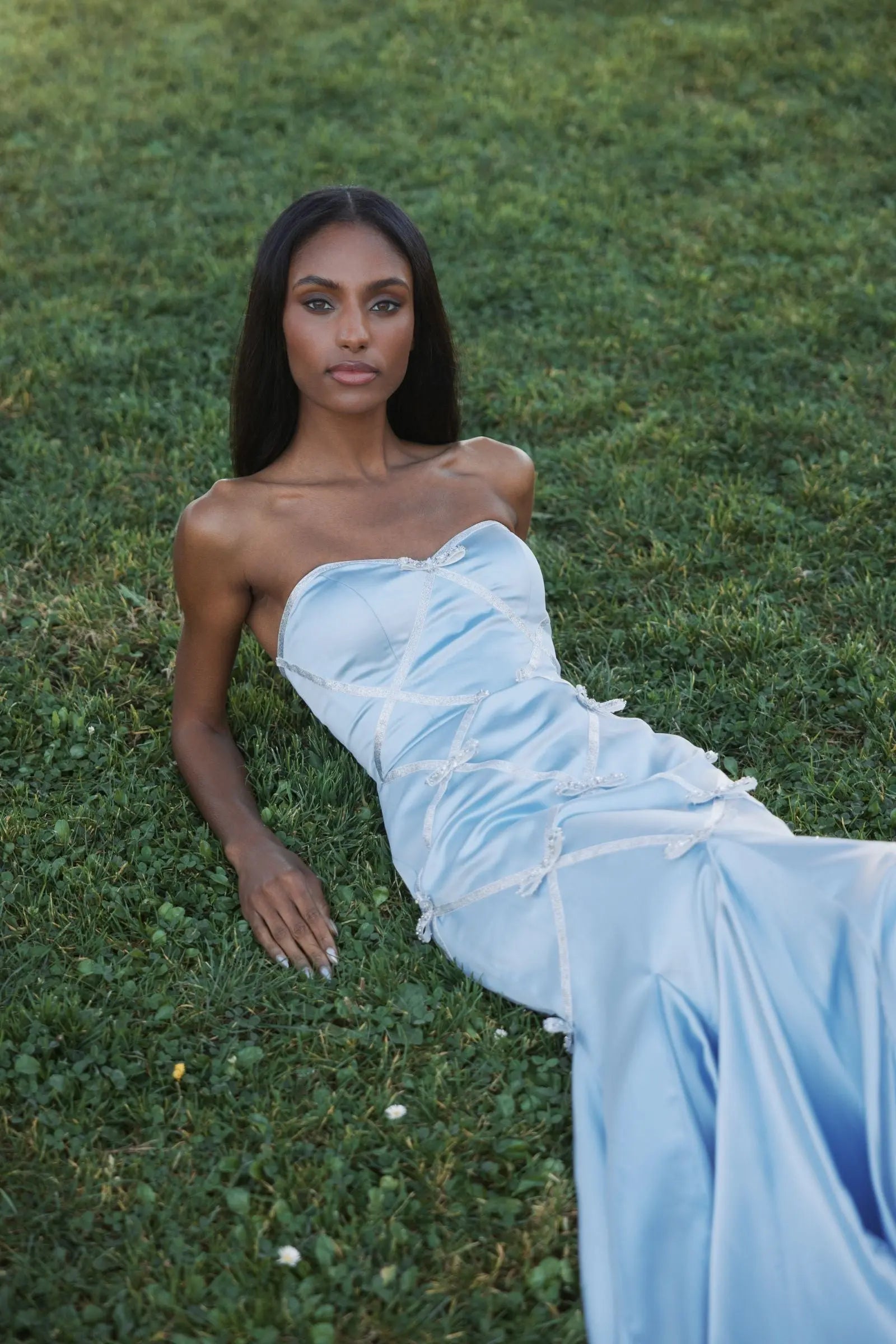 Blue Strapless Satin Trumpet Gown With Bow Details | Mac Duggal Blue Strapless Satin Trumpet Gown With Bow Details | Mac Duggal