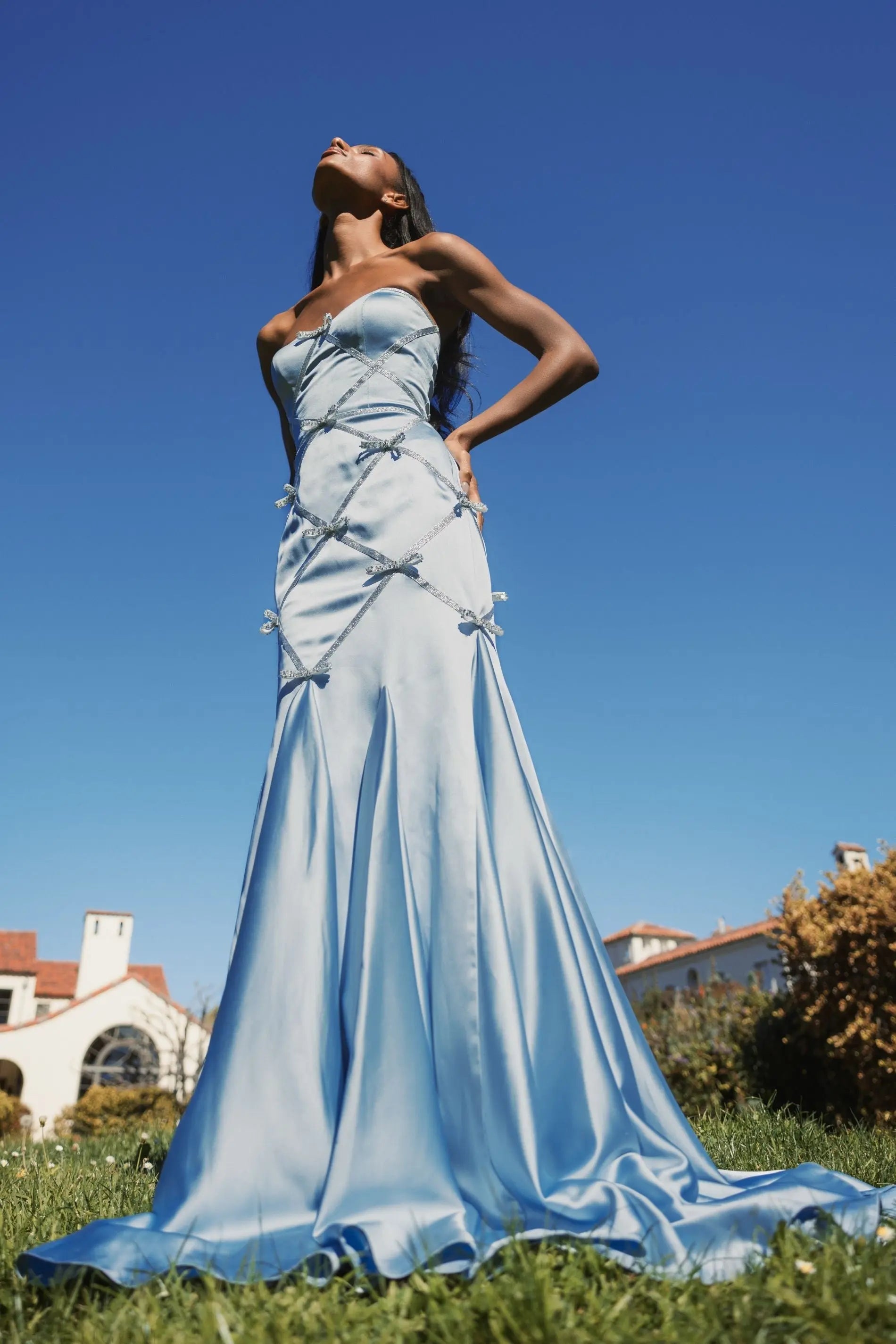Blue Strapless Satin Trumpet Dress With Bow Details - Mac Duggal