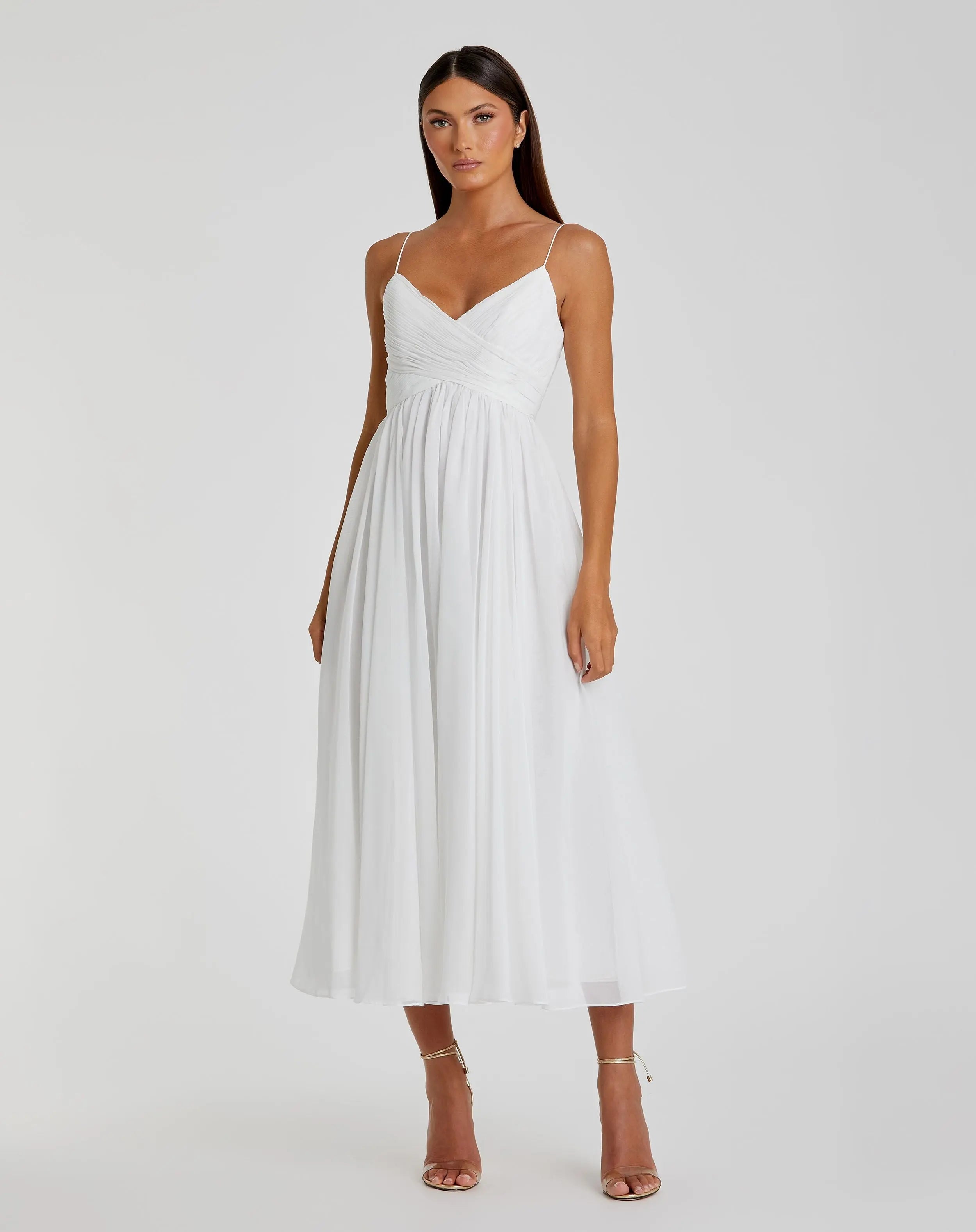 White Faux Wrap Sleeveless Flowy Midi Dress - Mac Duggal
