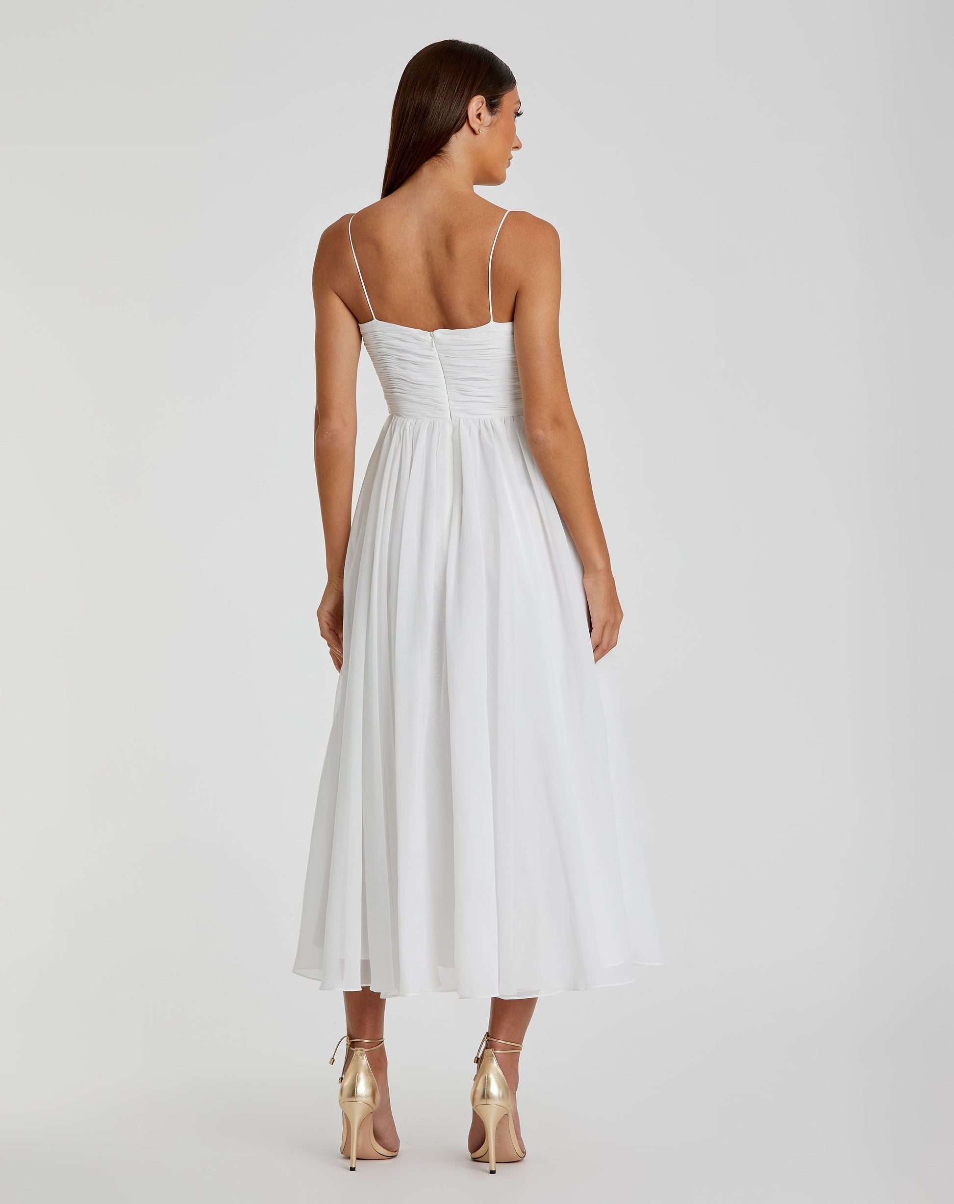 White Faux Wrap Sleeveless Flowy Midi Dress - Mac Duggal White Faux Wrap Sleeveless Flowy Midi Dress - Mac Duggal