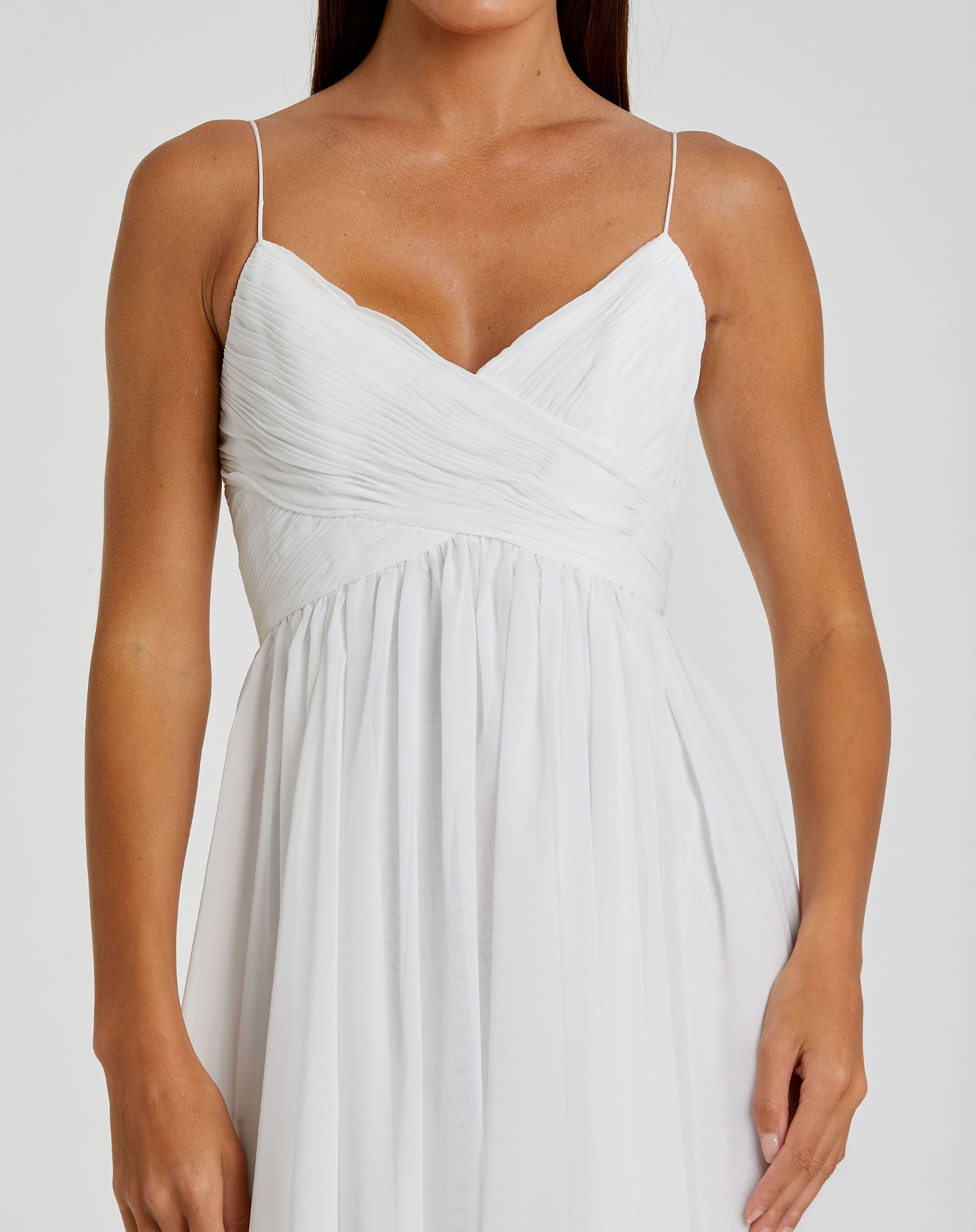 White Faux Wrap Sleeveless Flowy Midi Dress - Mac Duggal