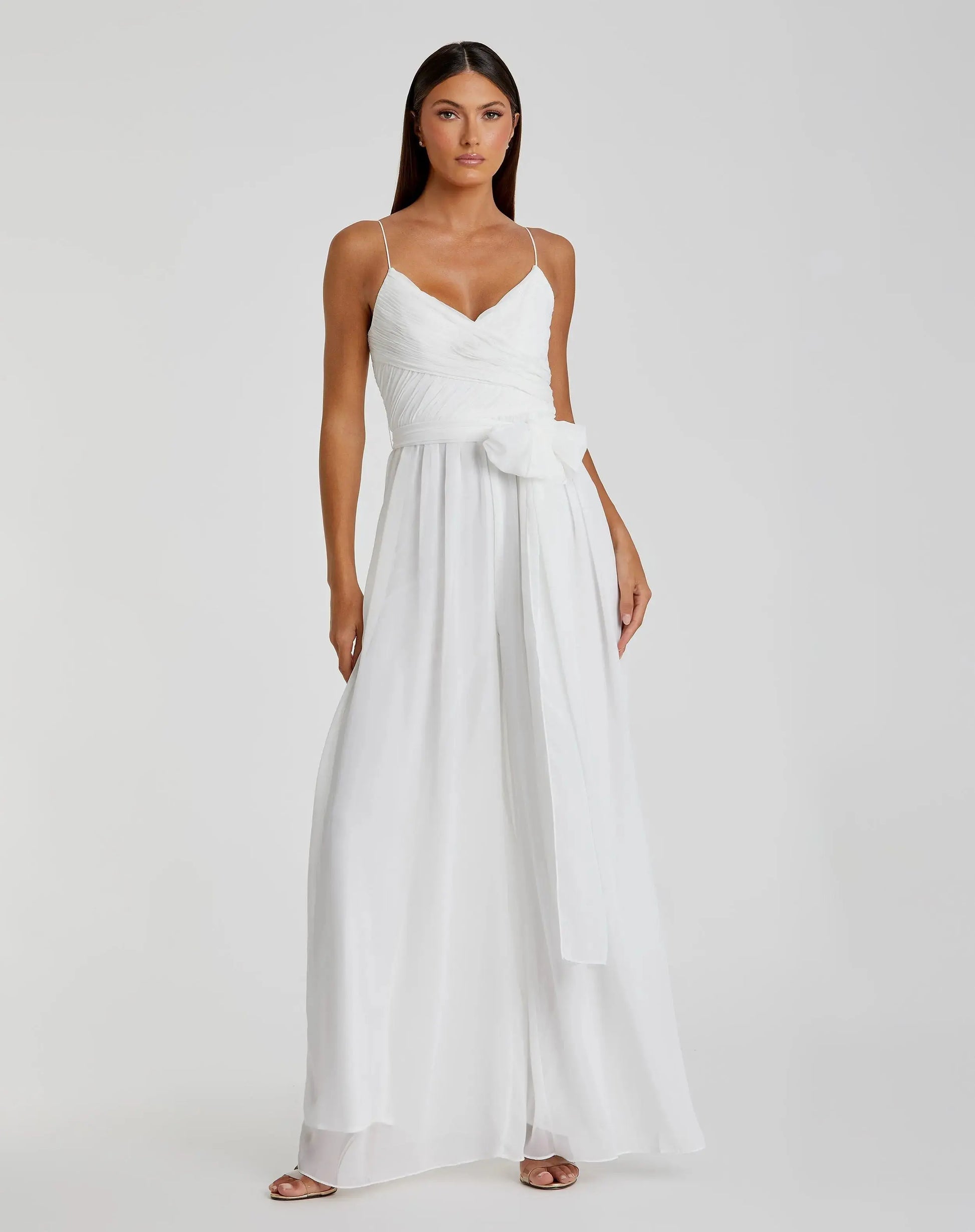 Mac Duggal - Flowy Faux Wrap Jumpsuit - White Mac Duggal - Flowy Faux Wrap Jumpsuit - White