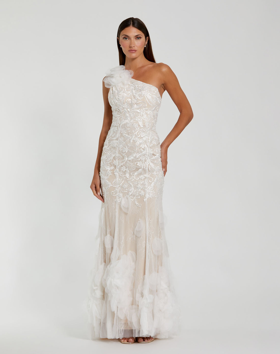 Beaded Strappy One Shoulder Petal Mermaid Gown