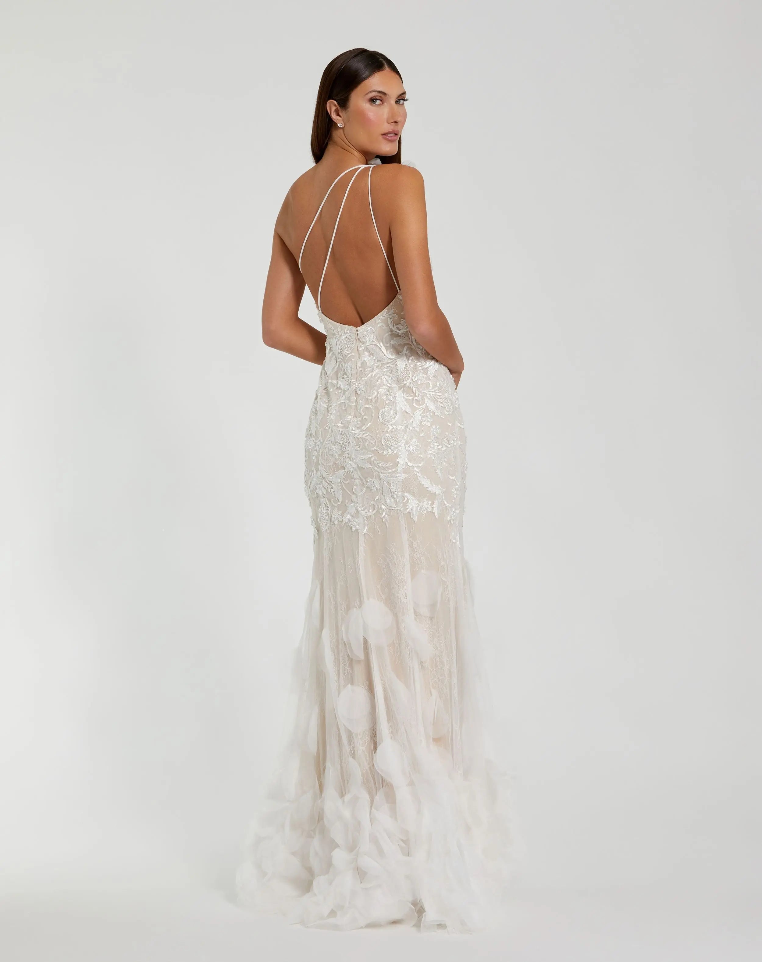 White Beaded Strappy One Shoulder Petal Mermaid Gown - Mac Duggal