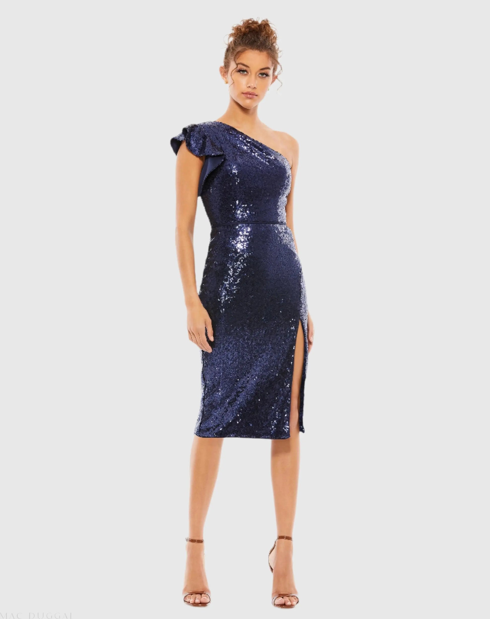 Navy Sequined Flutter One Shoulder Fitted Midi Dress - Mac Duggal