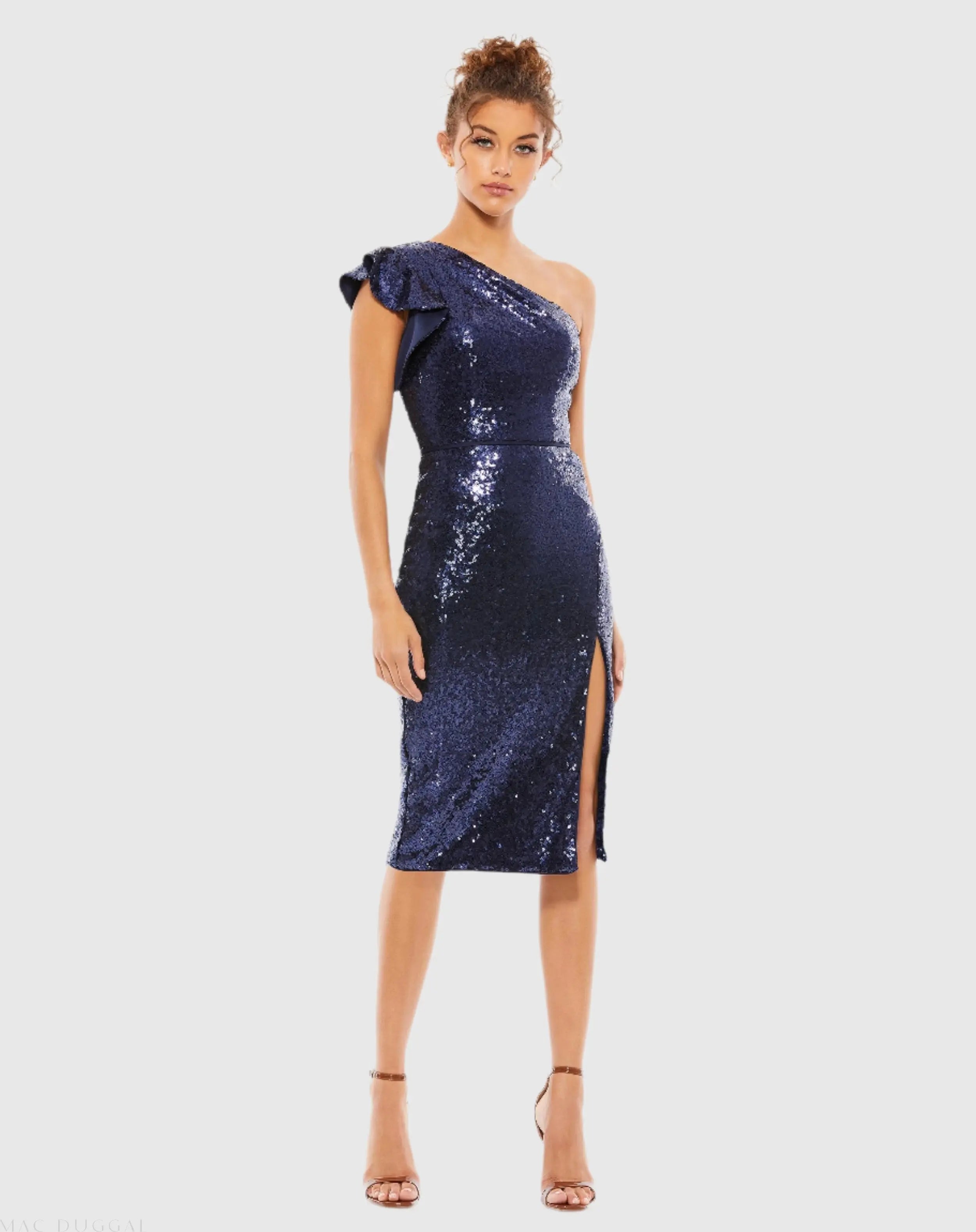 Navy Sequined Flutter One Shoulder Fitted Midi Dress - Mac Duggal