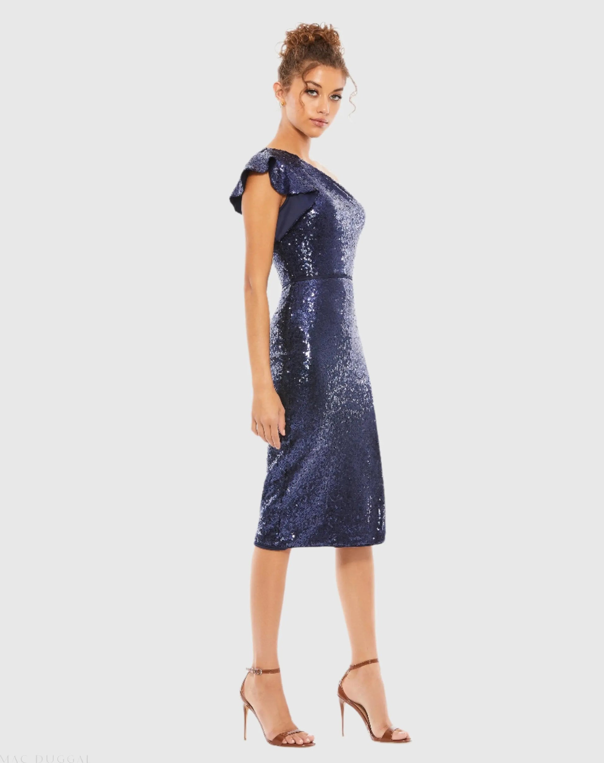 Navy Sequined Flutter One Shoulder Fitted Midi Dress - Mac Duggal