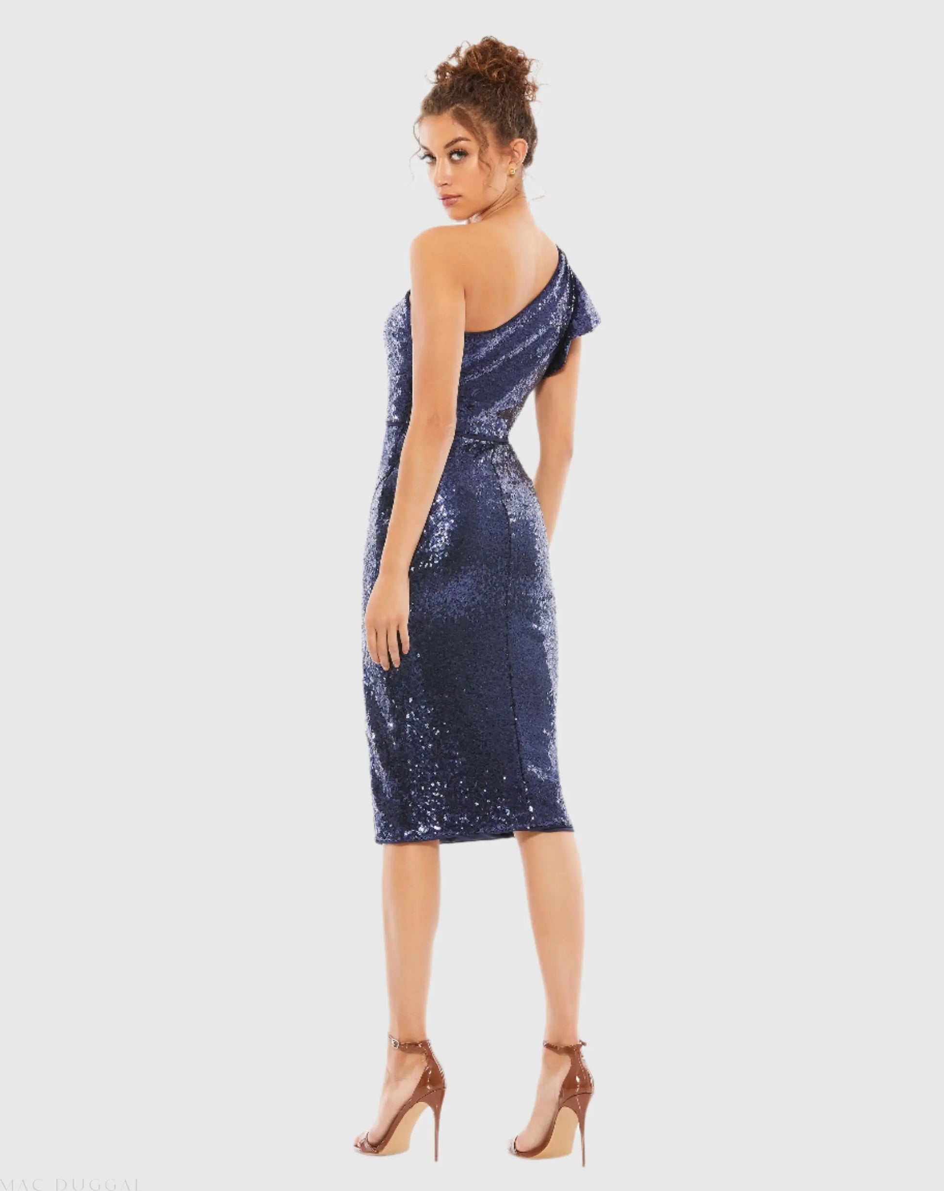 Navy Sequined Flutter One Shoulder Fitted Midi Dress - Mac Duggal