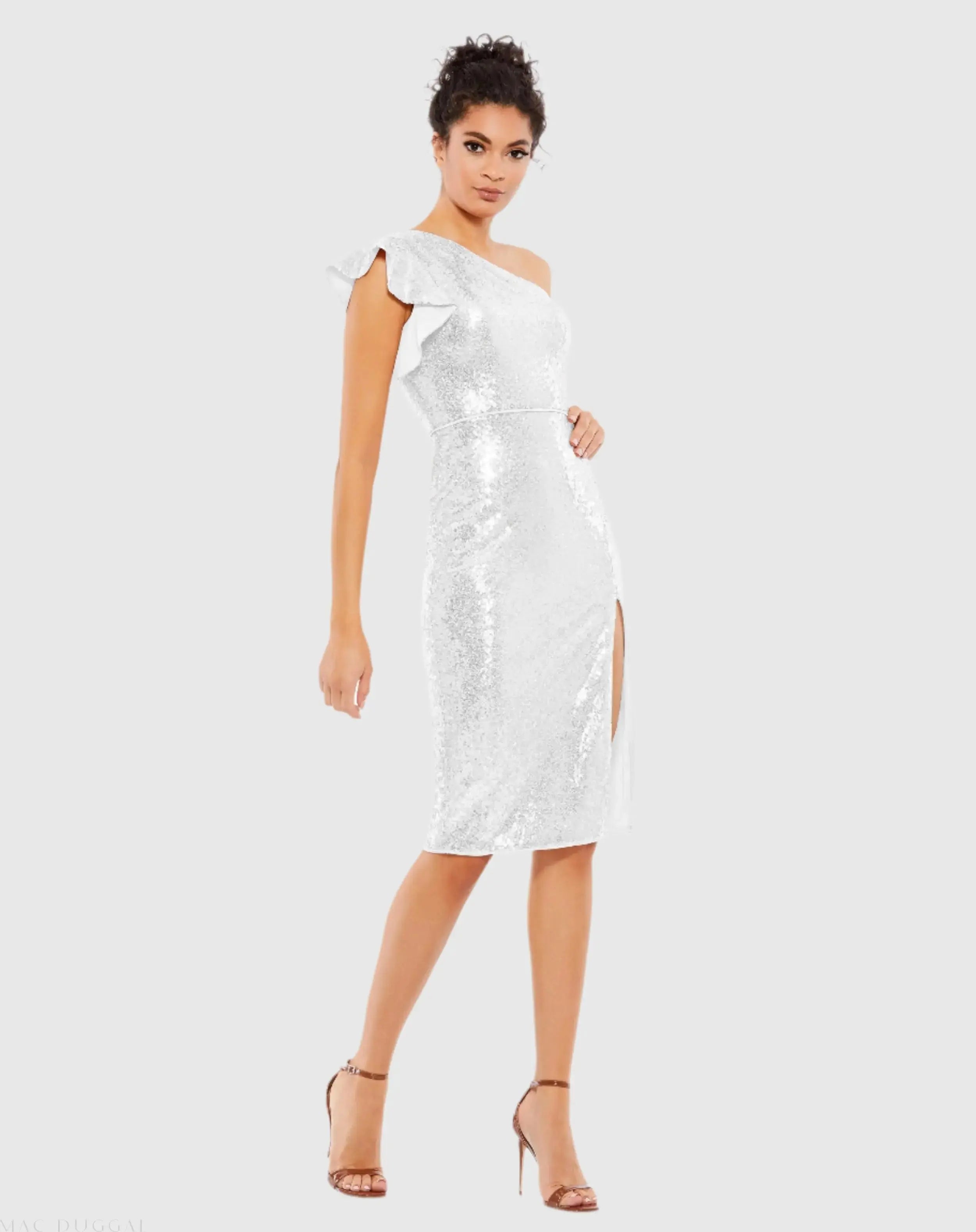 White Sequined Flutter One Shoulder Fitted Midi Dress - Mac Duggal