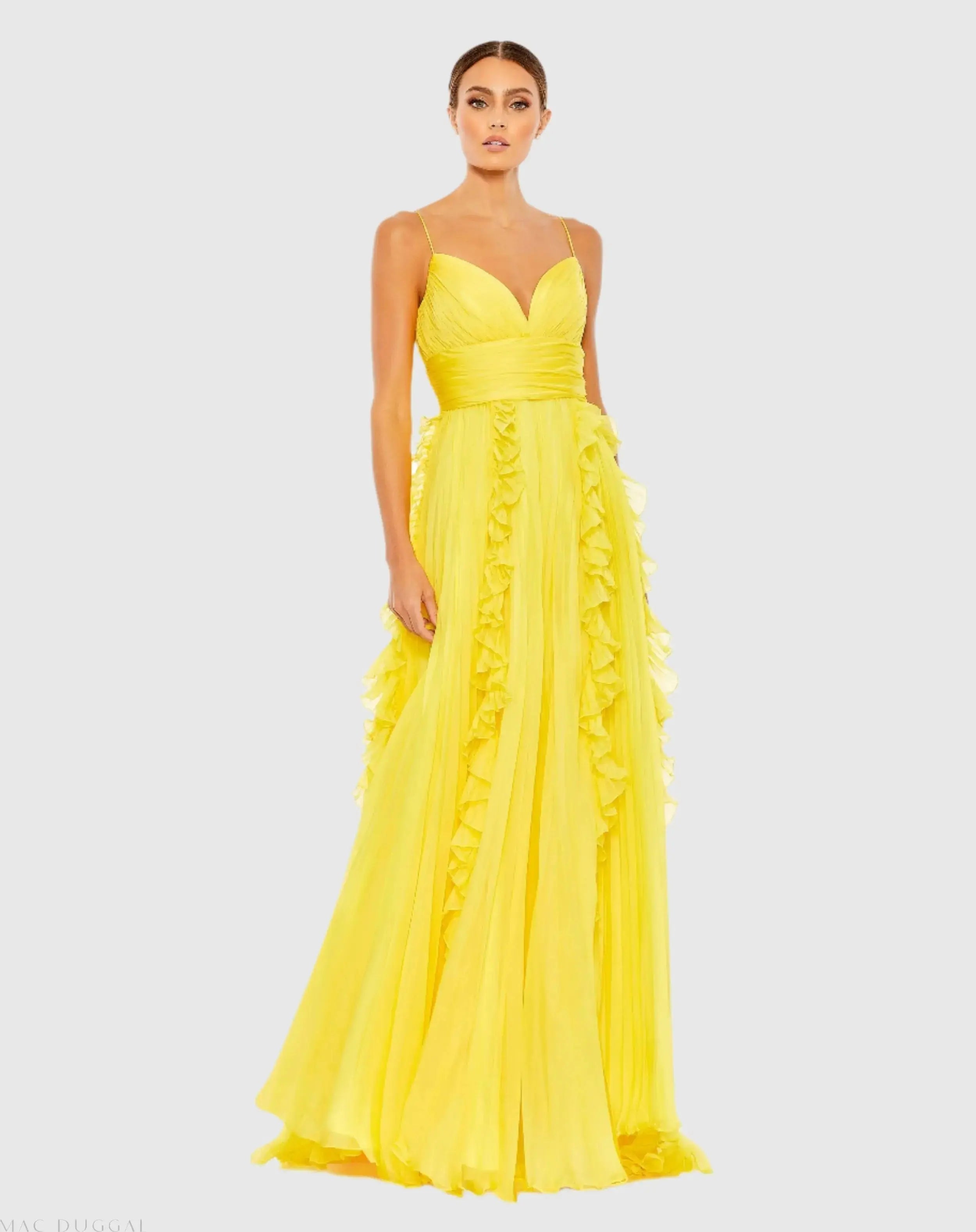 Yellow Pleated Sleeveless Flowy Gown - Mac Duggal