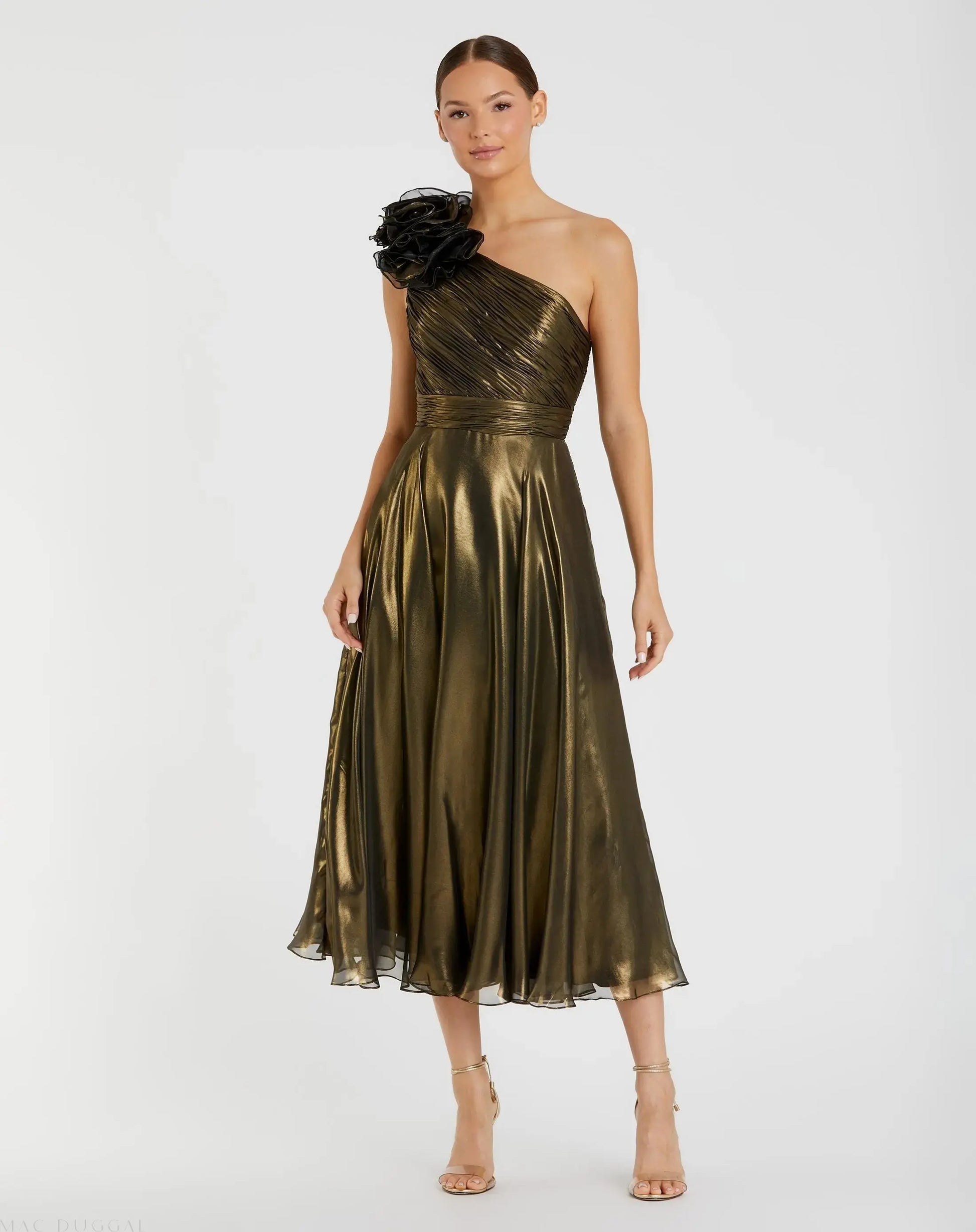 Gold Rosette One Shoulder Tea Length Dress - Mac Duggal