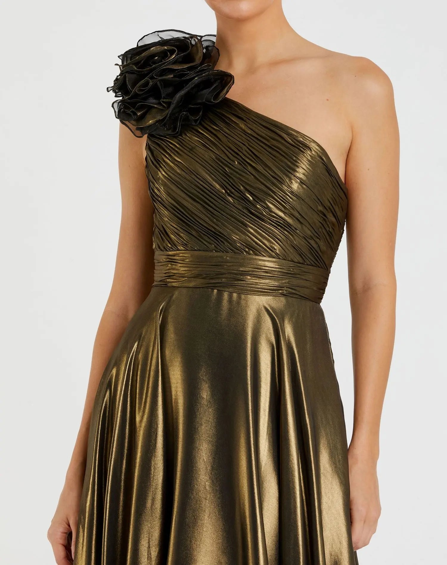 Gold Rosette One Shoulder Tea Length Dress - Mac Duggal