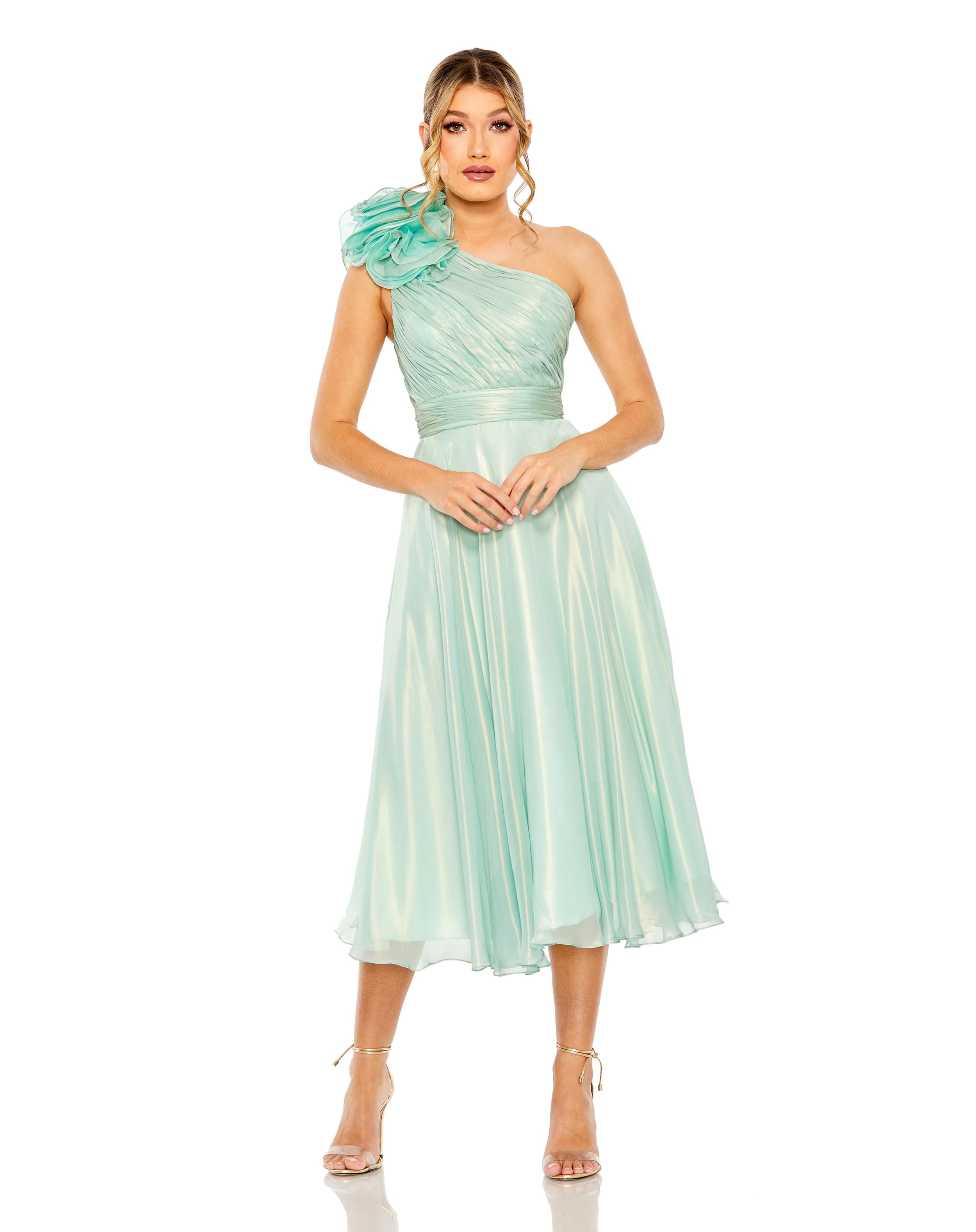Rosette One Shoulder Tea Length Dress