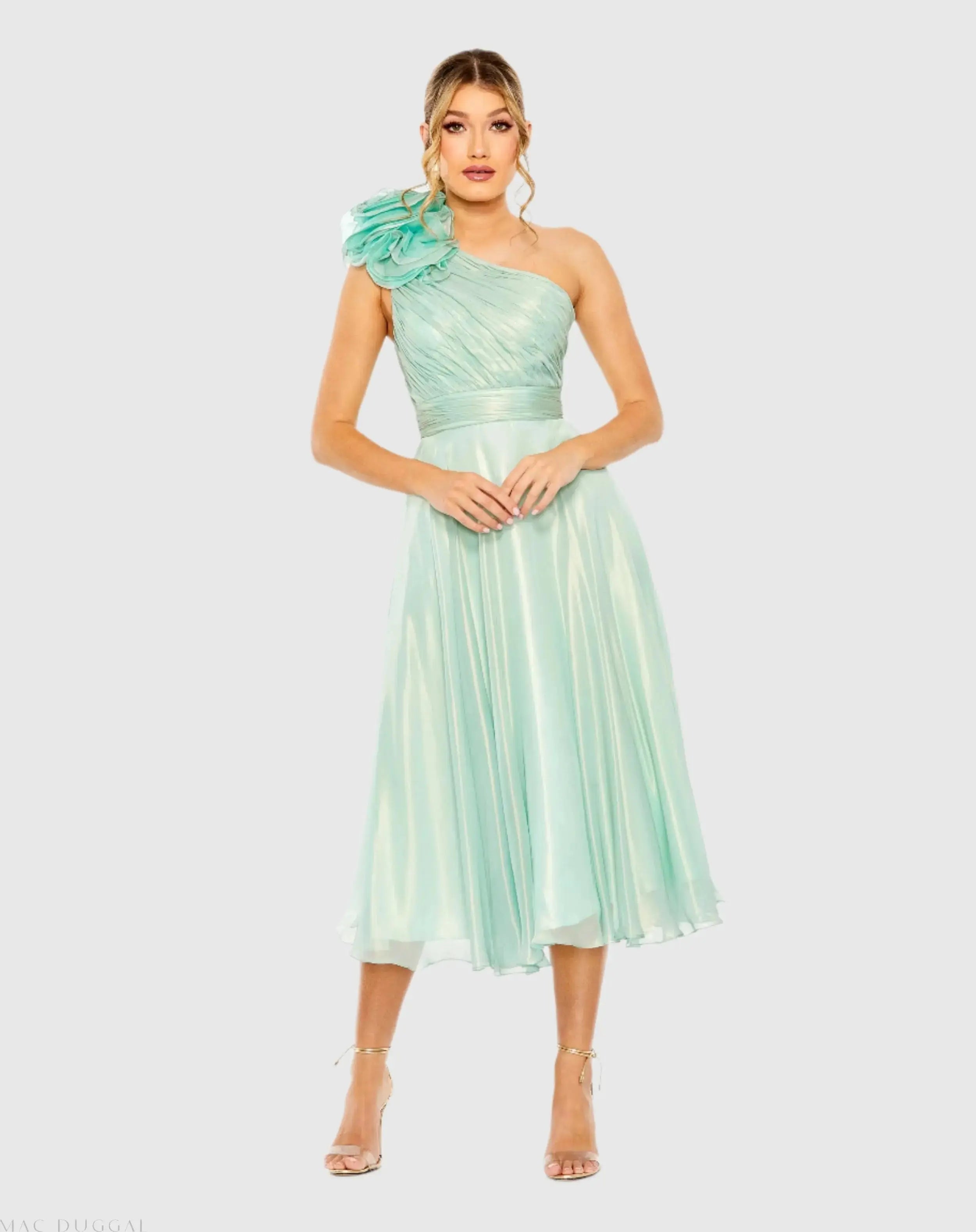 Green Rosette One Shoulder Tea Length Dress - Mac Duggal