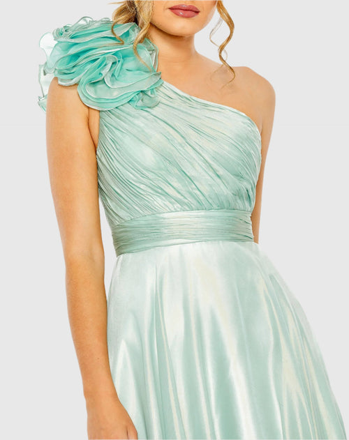 Green Rosette One Shoulder Tea Length Dress