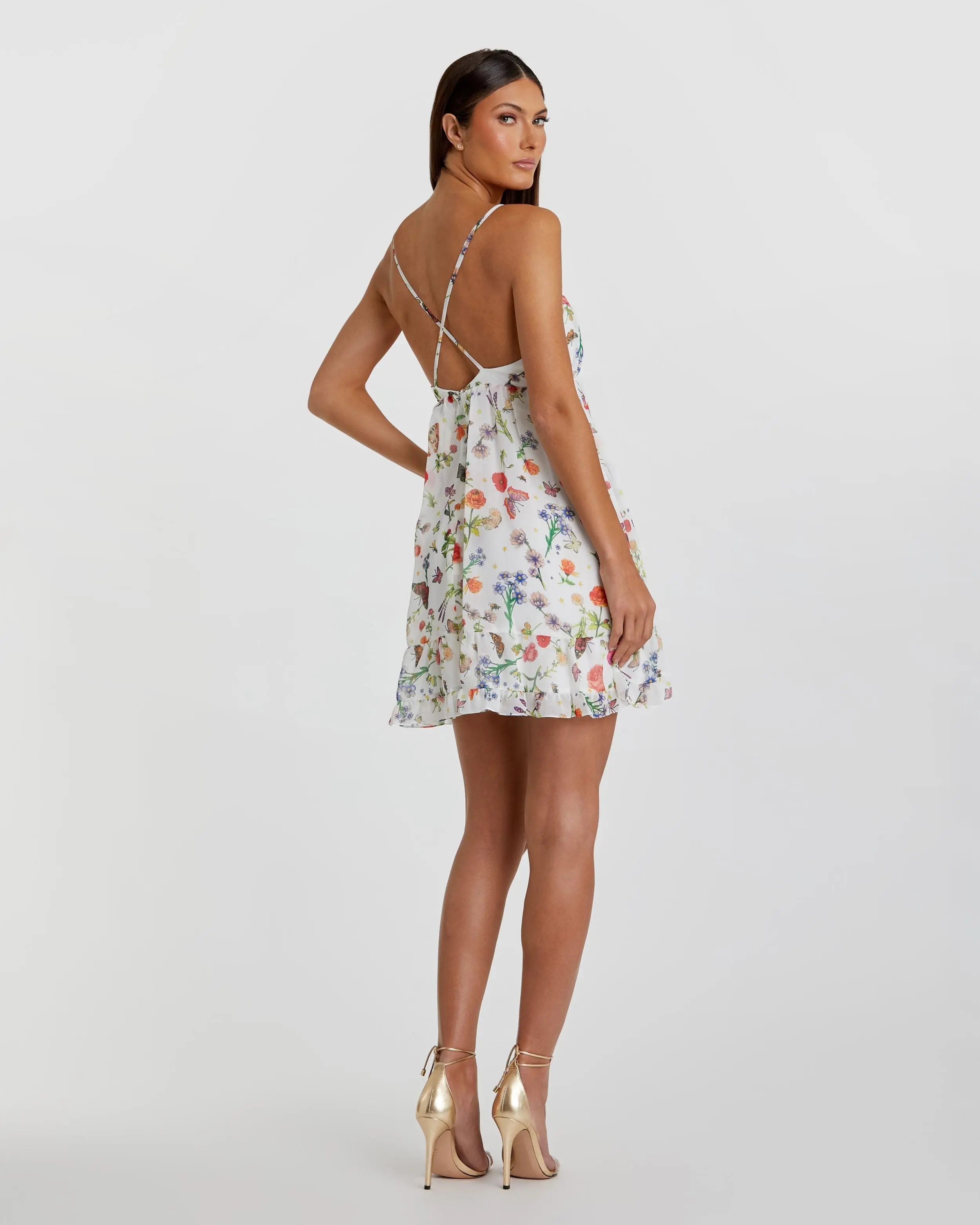 White Butterfly Print Ruffle Hem Mini Dress - Ieena for Mac Duggal