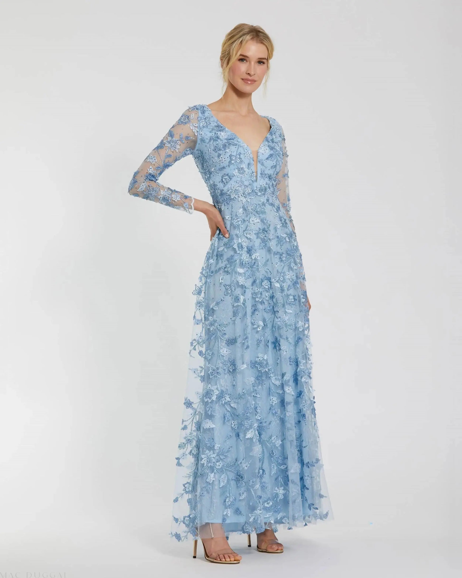 Blue Floral Applique Long Sleeve Illusion Gown | Mac Duggal Blue Floral Applique Long Sleeve Illusion Gown | Mac Duggal