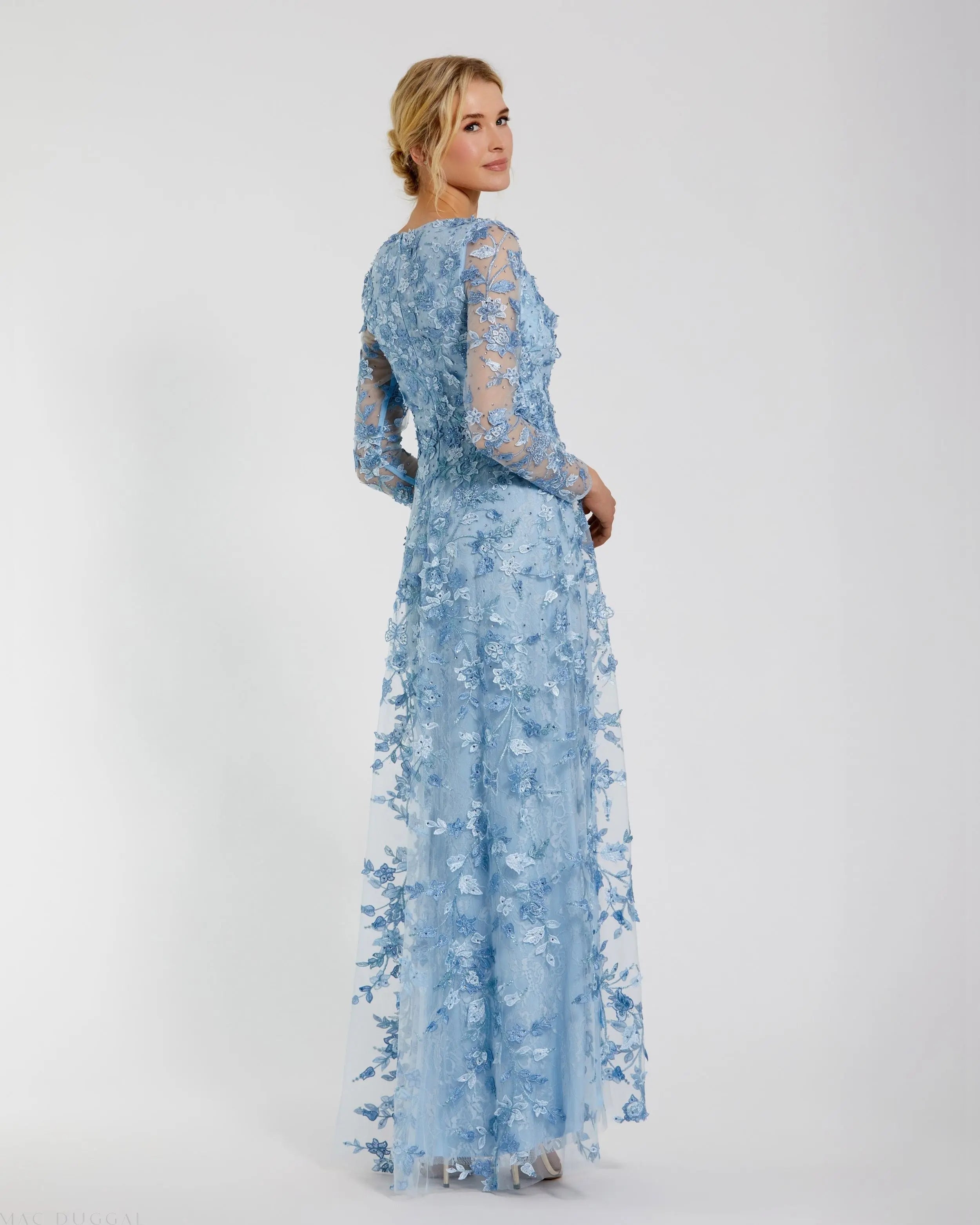 Blue Floral Applique Long Sleeve Illusion Gown - Mac Duggal
