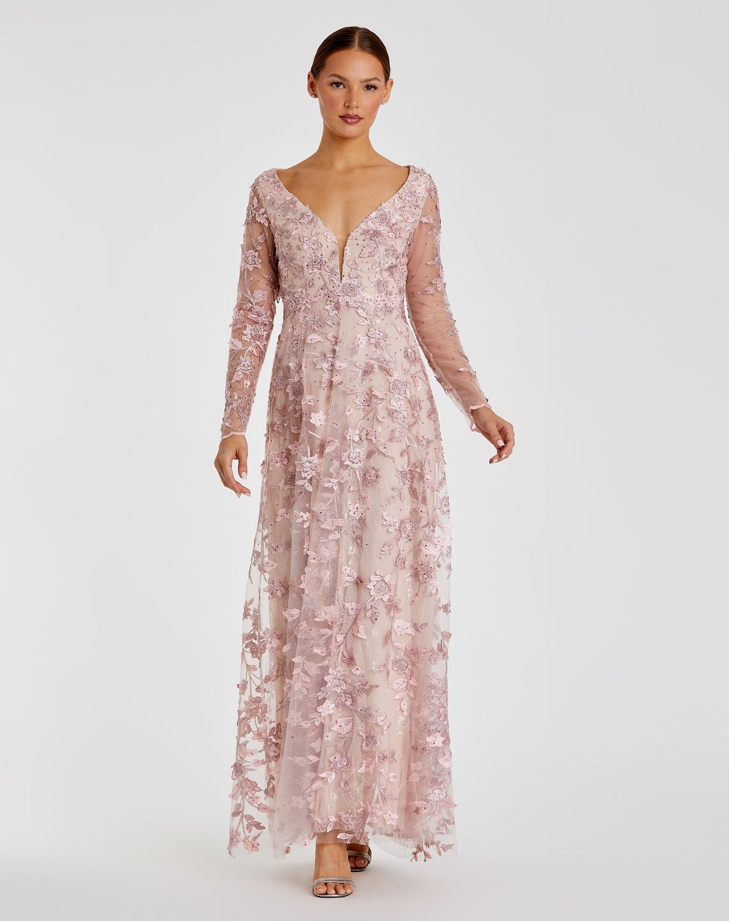 Pink Floral Applique Long Sleeve Illusion Gown | Mac Duggal Pink Floral Applique Long Sleeve Illusion Gown | Mac Duggal