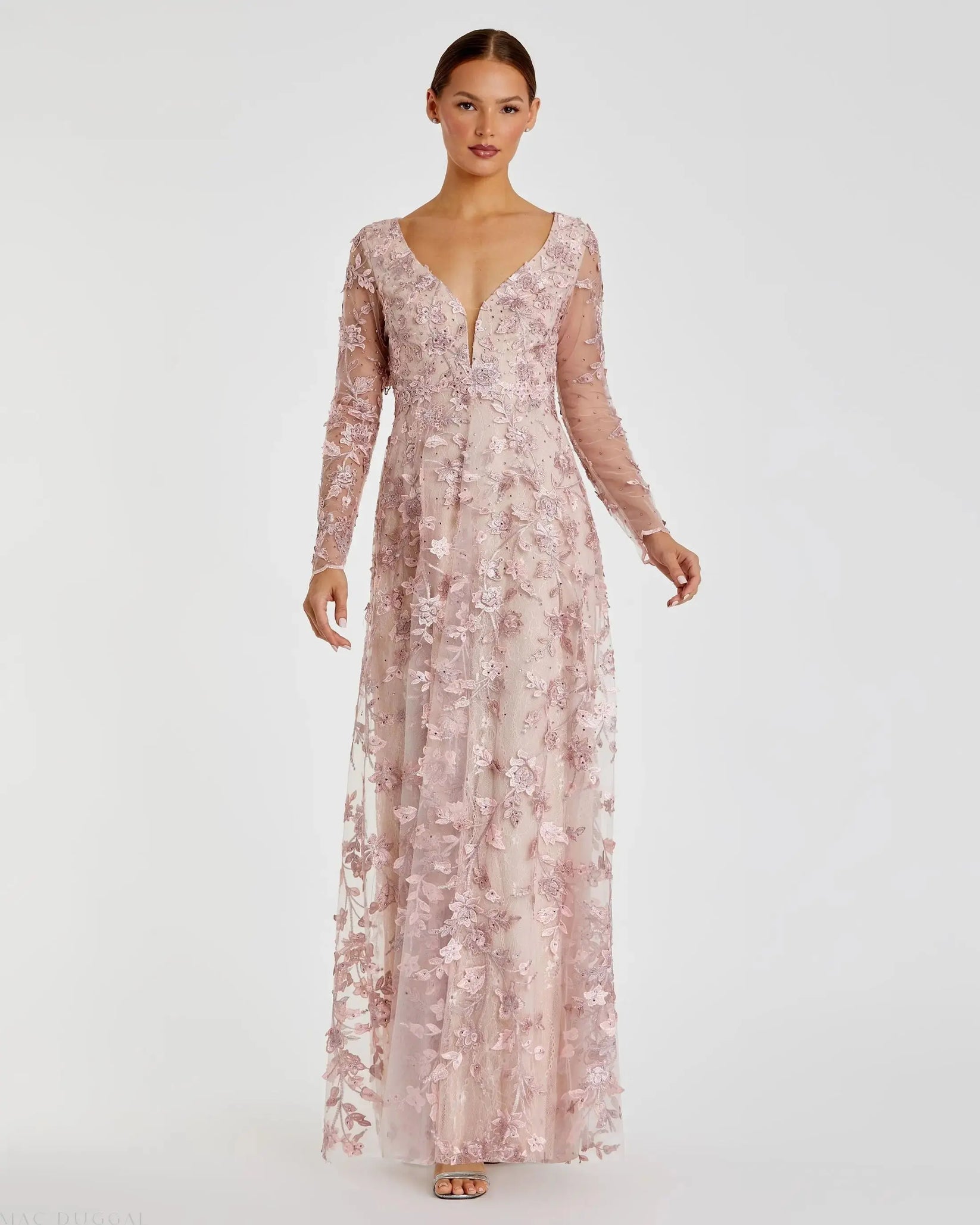 Floral Applique Long Sleeve Illusion Gown main image 0