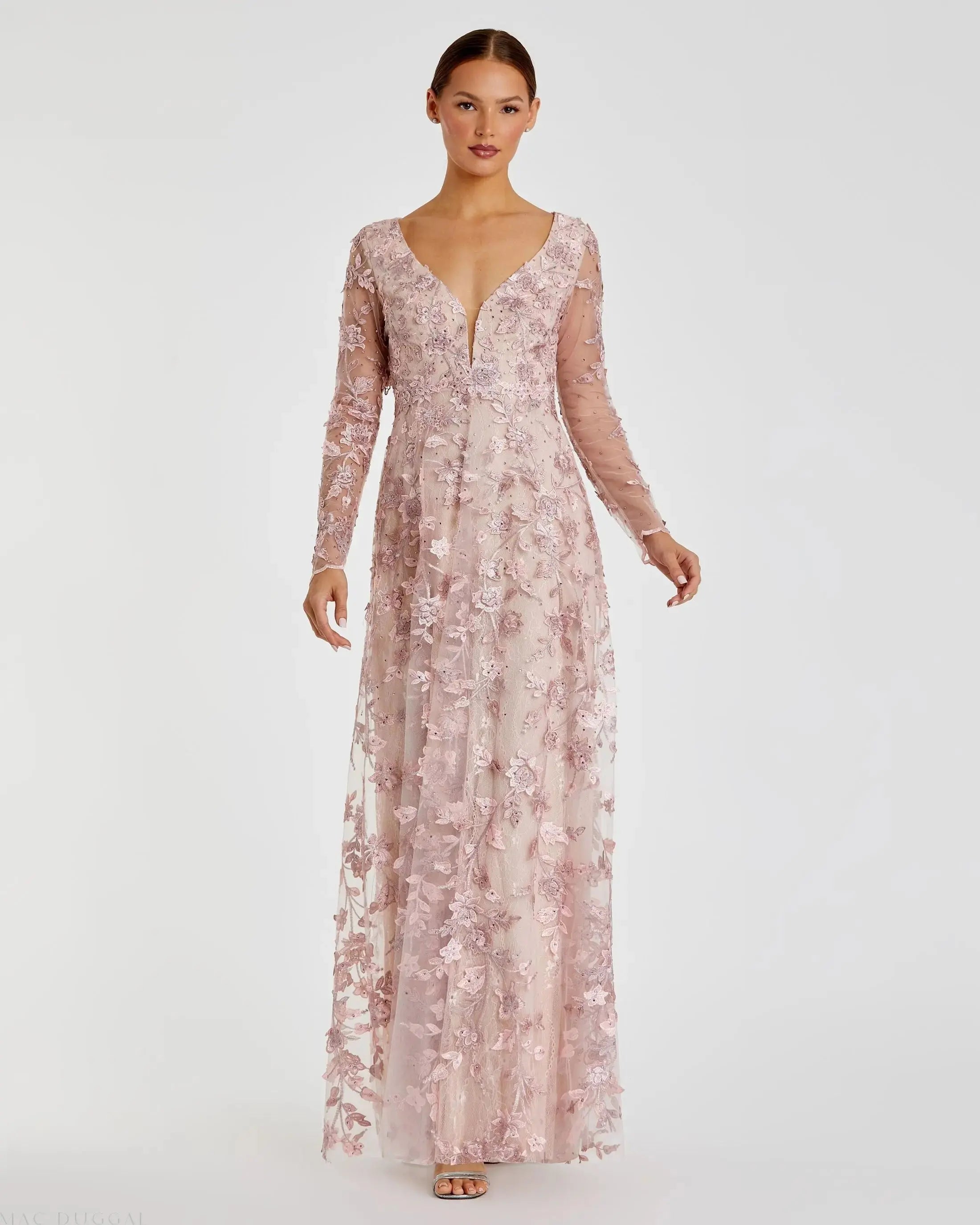Pink Floral Applique Long Sleeve Illusion Gown - Mac Duggal