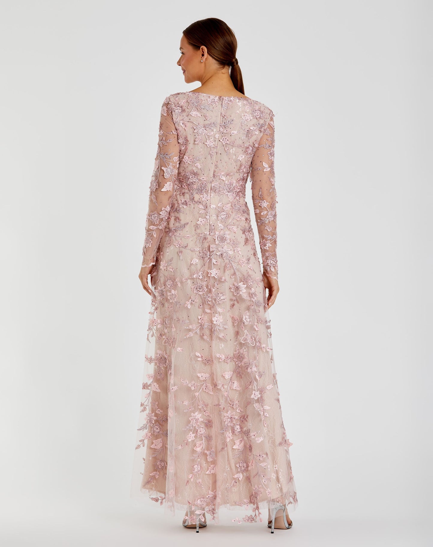 Floral Applique Long Sleeve Illusion Gown