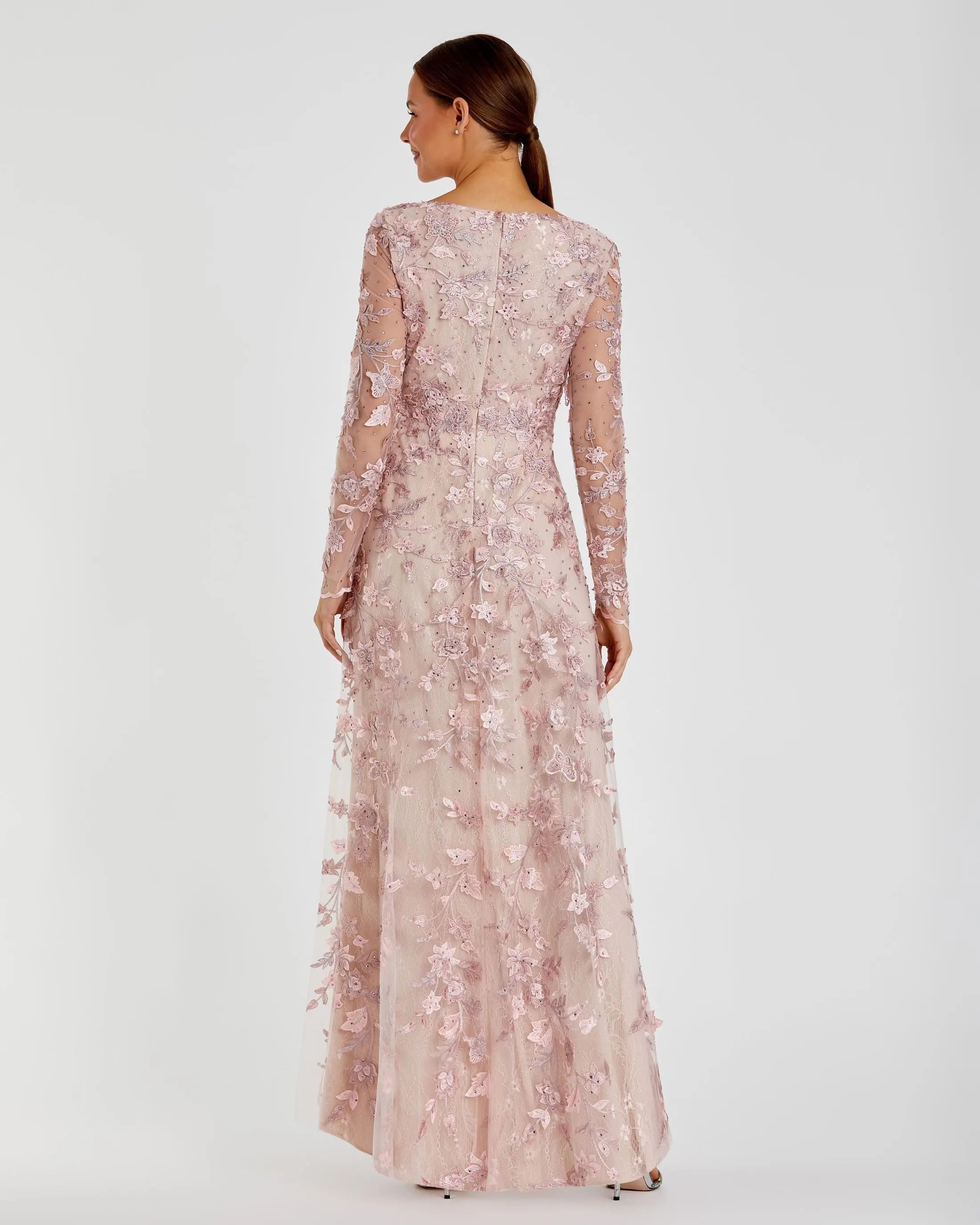 Pink Floral Applique Long Sleeve Illusion Gown - Mac Duggal