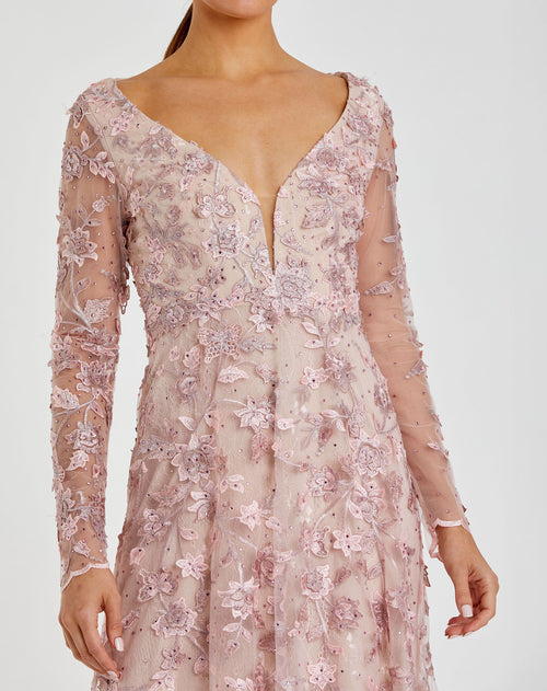 Floral Applique Long Sleeve Illusion Gown