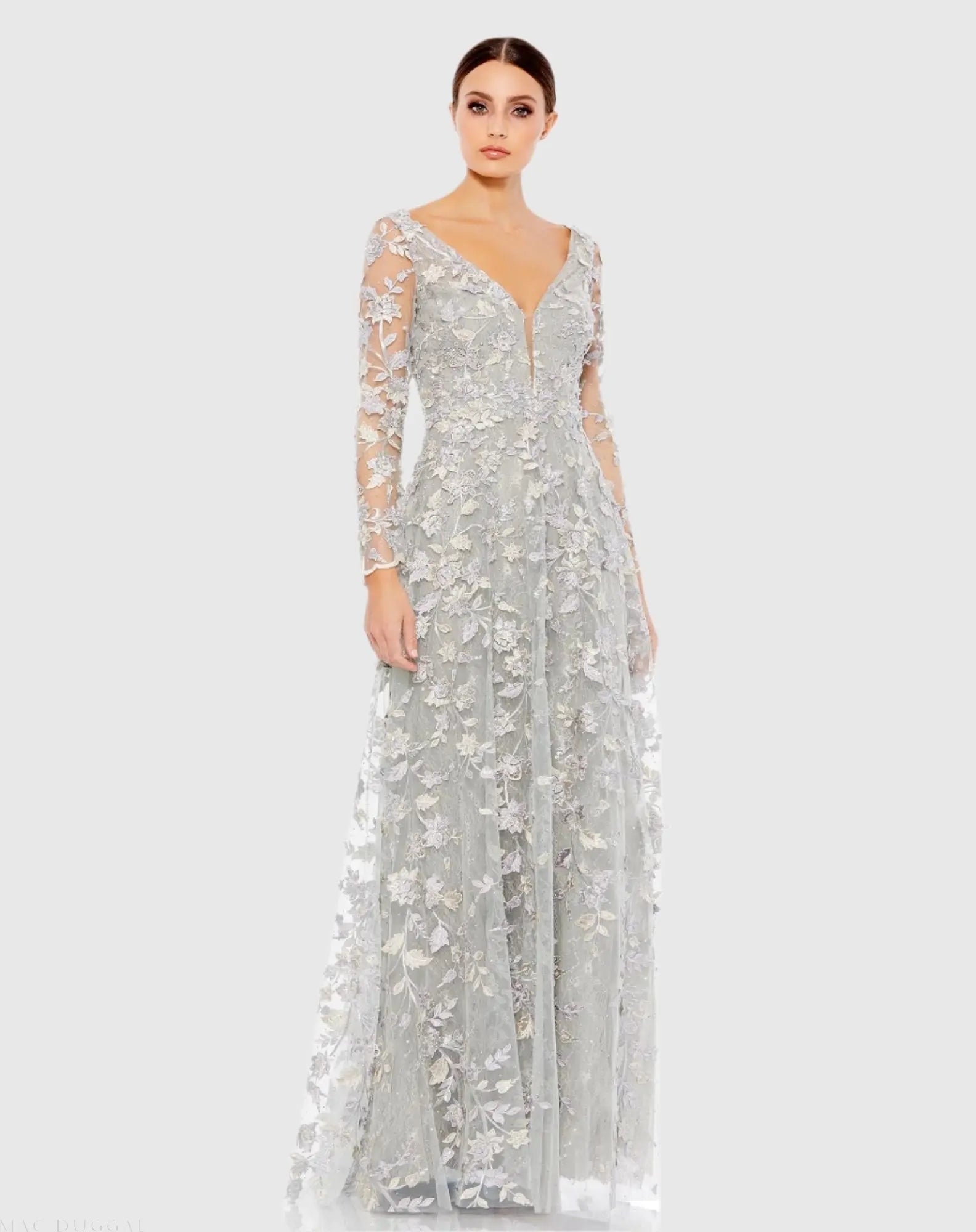 Gray Floral Applique Long Sleeve Illusion Gown - Mac Duggal