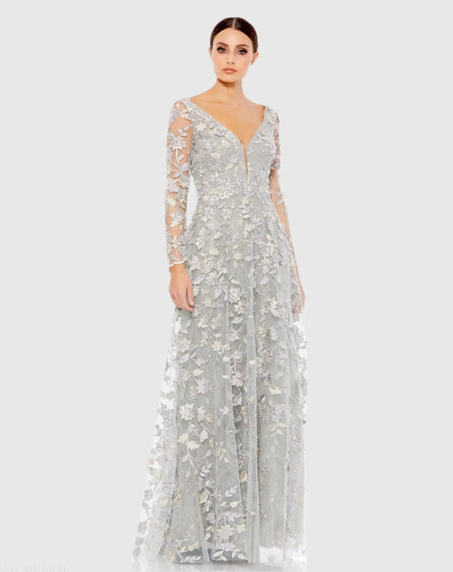 Gray Floral Applique Long Sleeve Illusion Gown - Mac Duggal