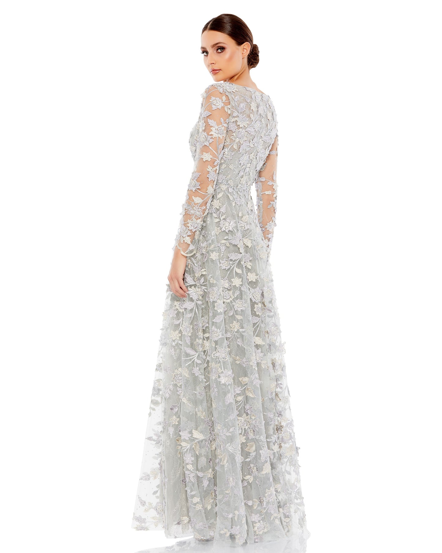 Floral Applique Long Sleeve Illusion Gown