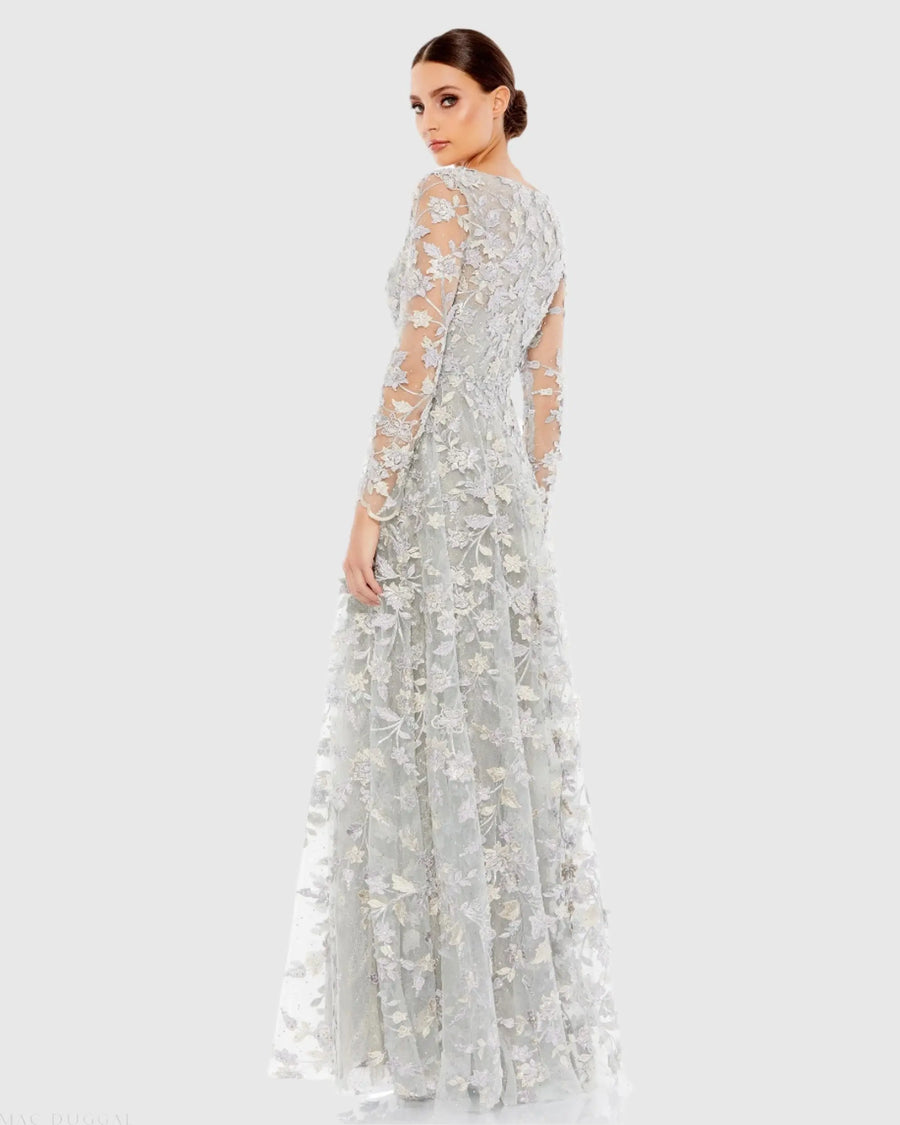 Floral Applique Long Sleeve Illusion Gown
