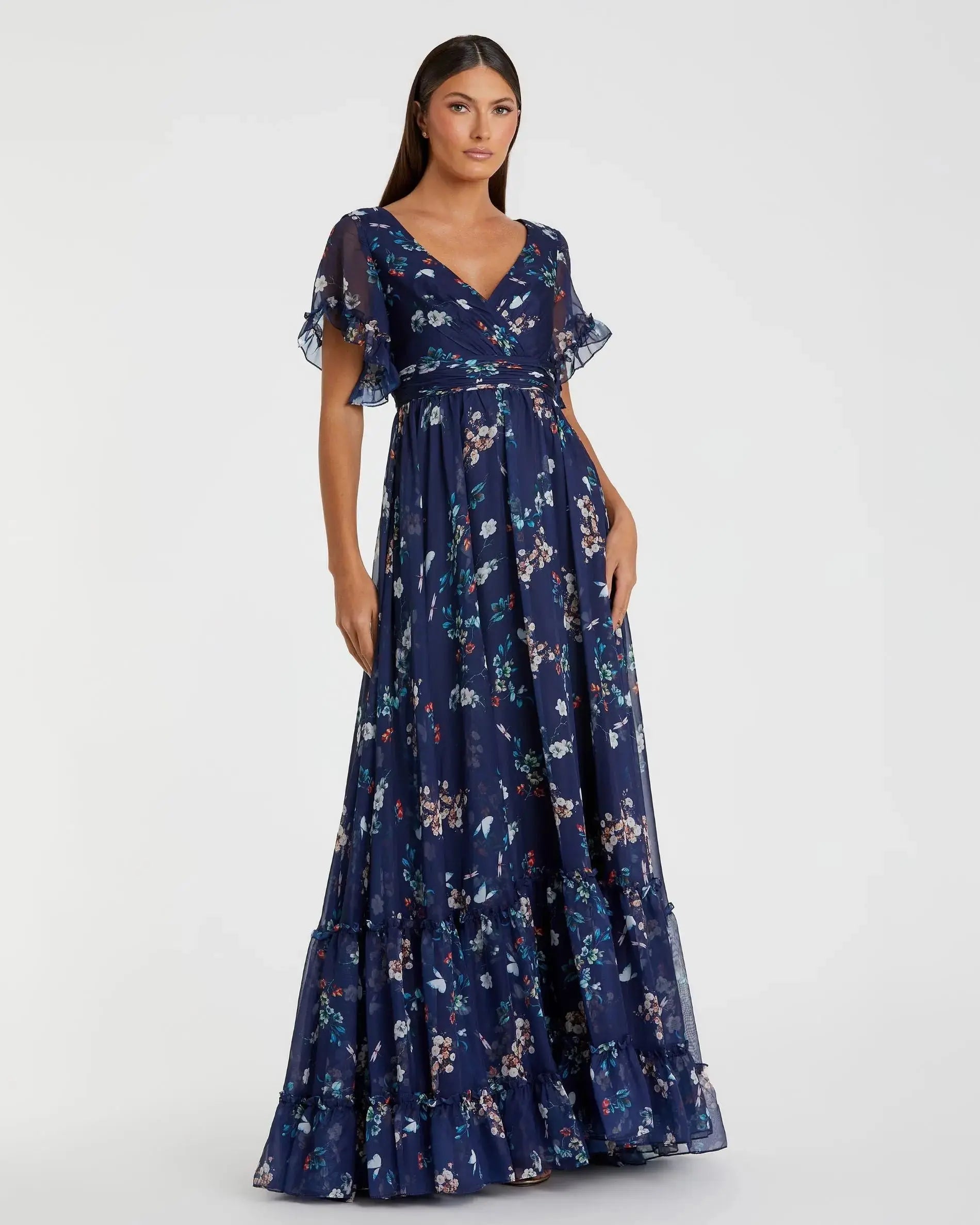 Navy Multicolor Flounce Sleeve Floral Maxi Dress - Mac Duggal