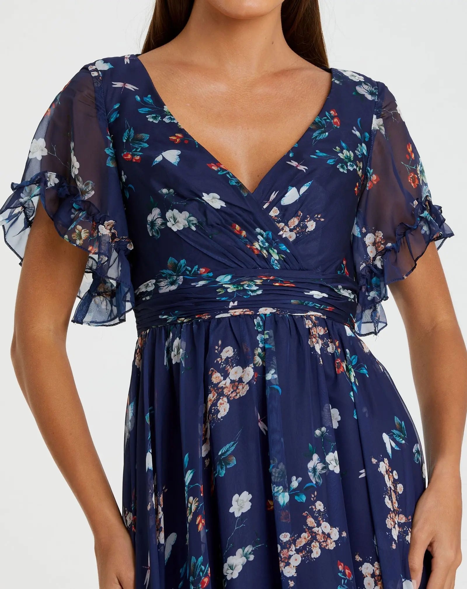 Mac Duggal - Navy Multicolor Flounce Sleeve Floral Maxi Dress - US 2 Mac Duggal - Navy Multicolor Flounce Sleeve Floral Maxi Dress - US 2