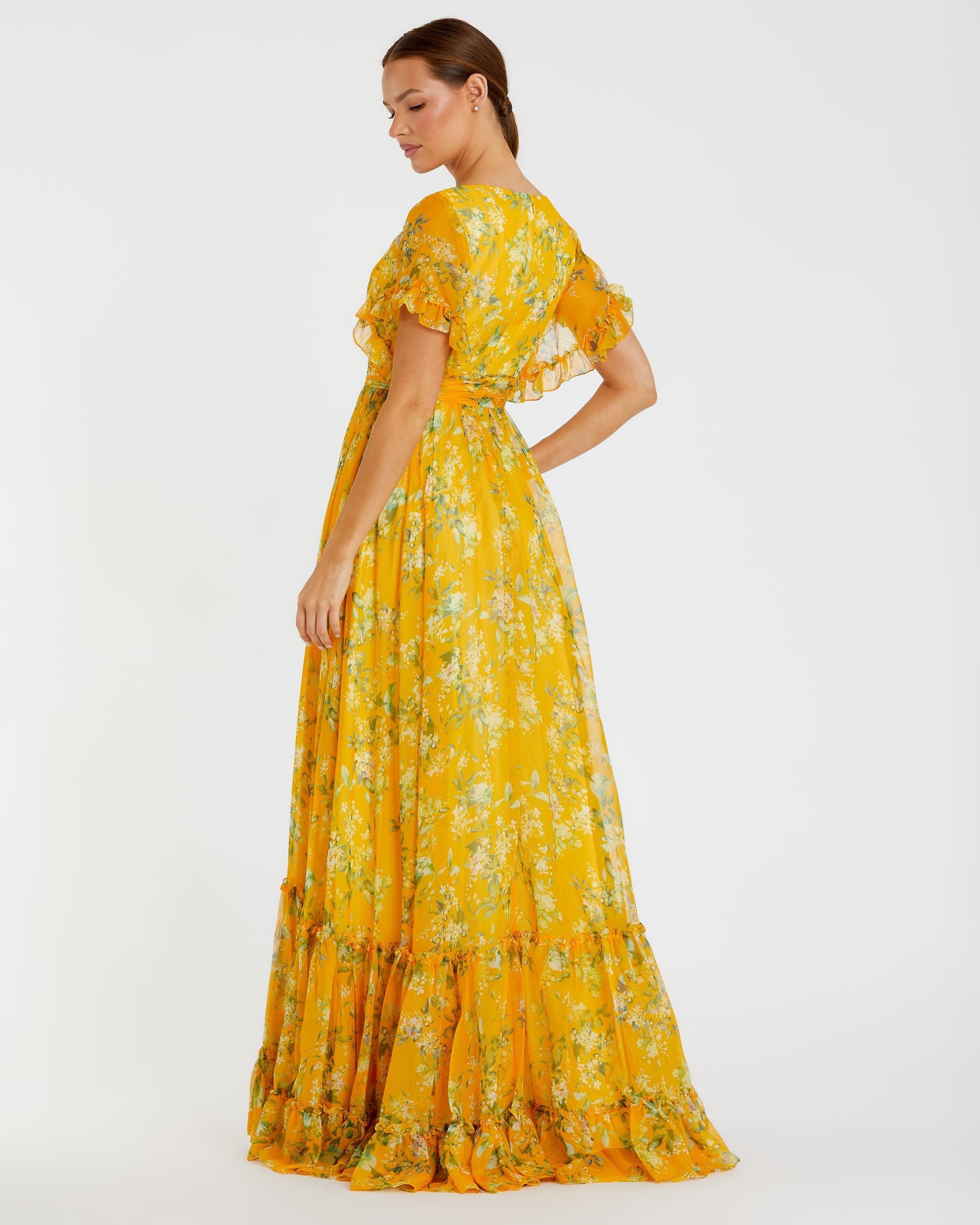 Mac Duggal - Yellow Multicolor Flounce Sleeve Floral Maxi Dress - US 6 Mac Duggal - Yellow Multicolor Flounce Sleeve Floral Maxi Dress - US 6