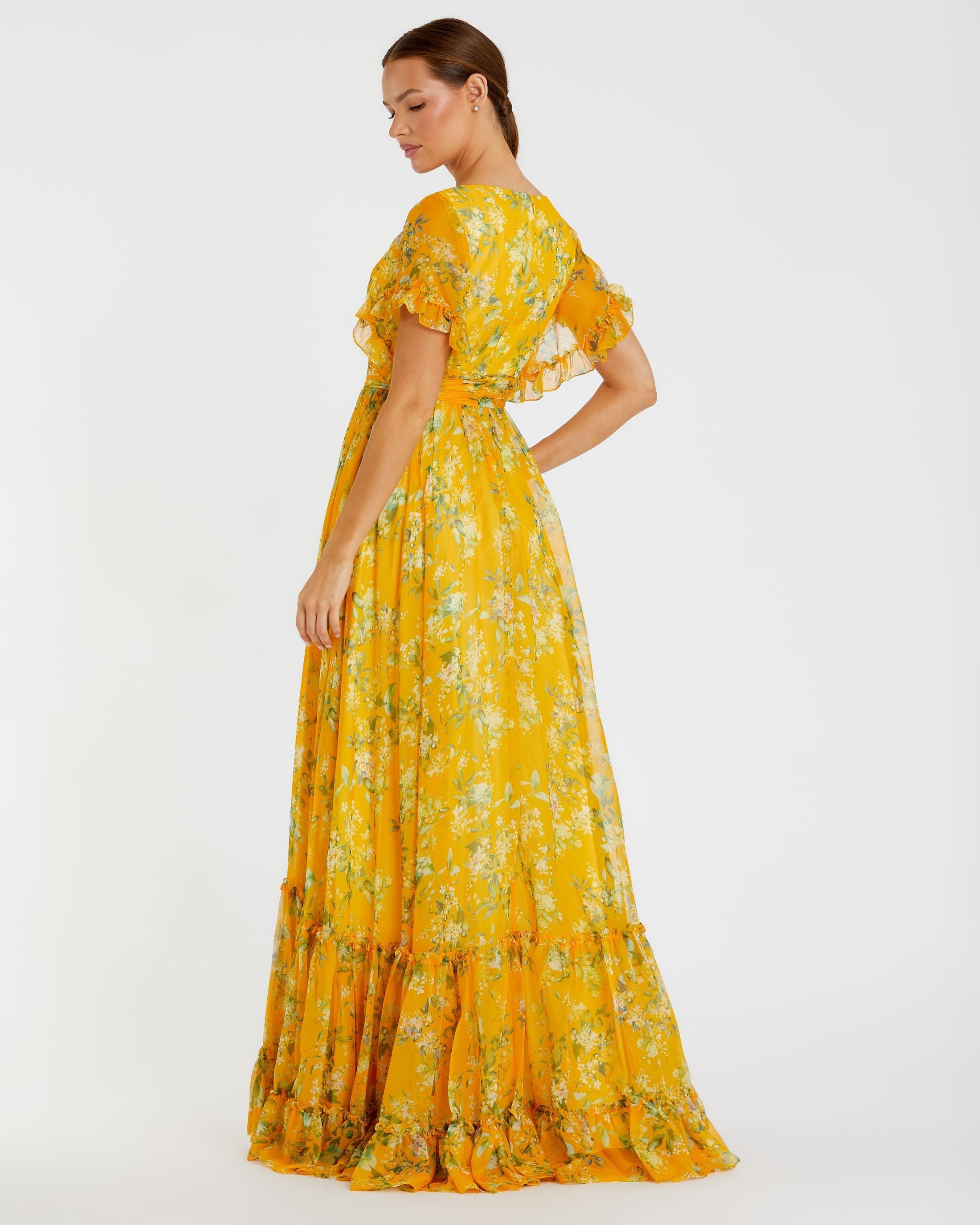 Yellow Multicolor Flounce Sleeve Floral Maxi Dress - Mac Duggal